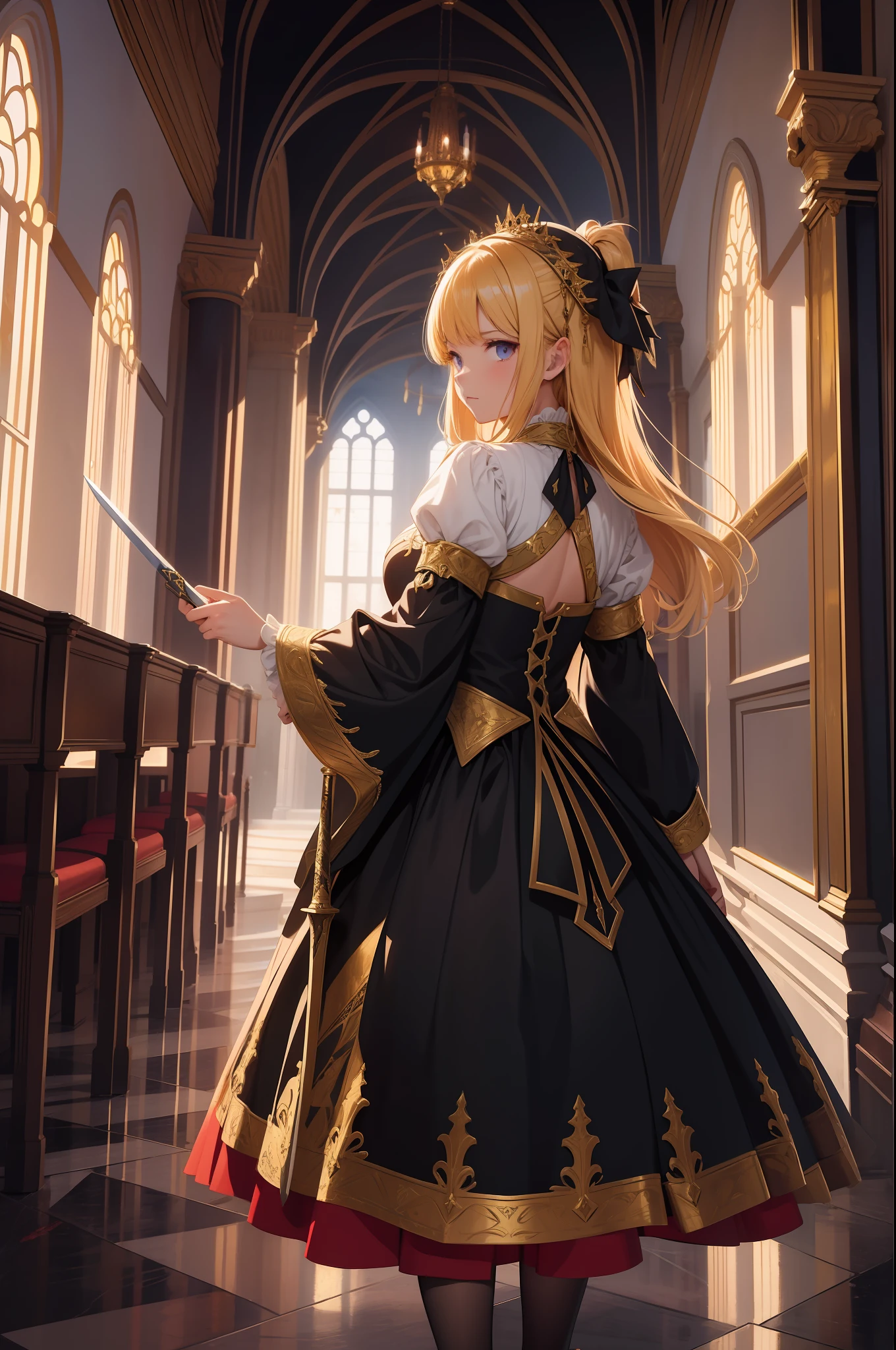 A high quality、Complex color images with high detail,Girl in European medieval aristocratic clothes,Hold up a big sword,Turn your back to the unknown devil,Golden hair,There was tension and great power all around,and there is blood on the corners of your mouth。tmasterpiece