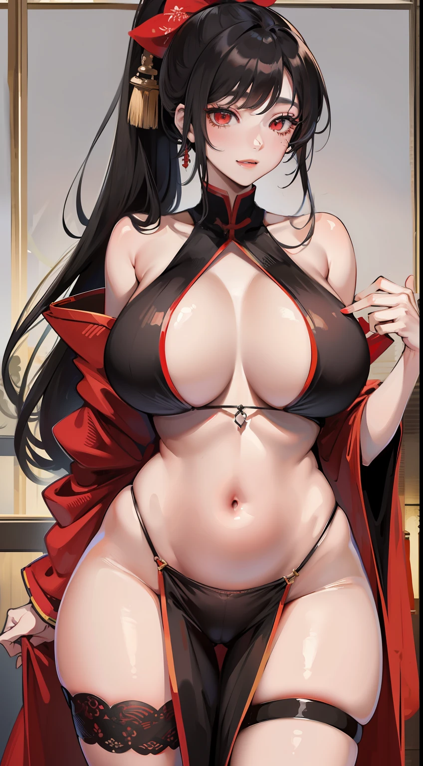 Adult woman, Long black hair, high ponytail, red-eyes, red kimono, open belly, Huge-breasts, open thighs, ssmile, Masterpiece, hiquality