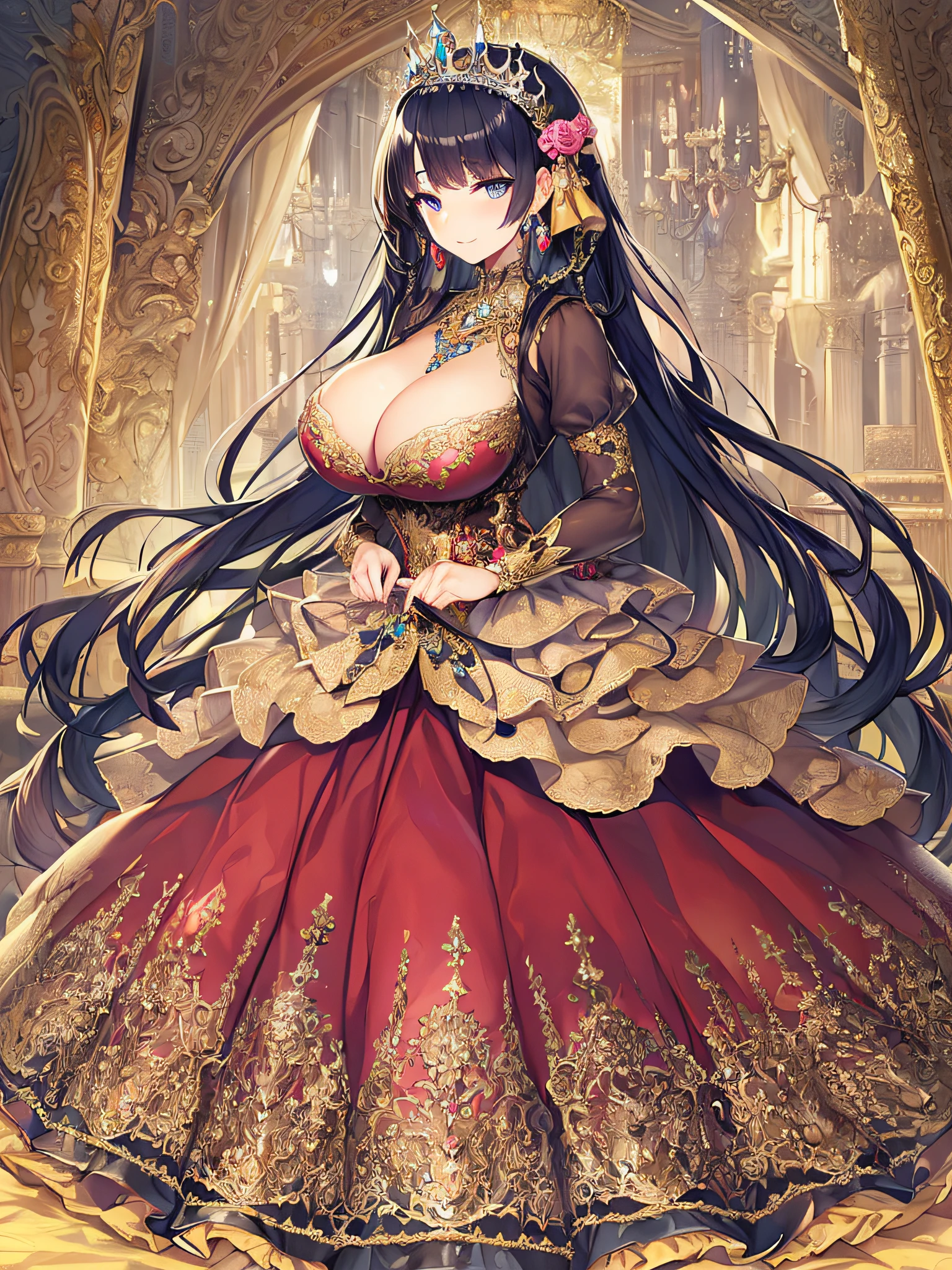 ((anime artstyle)),(Masterpiece),(Best Quality), (Super Detail),((Very Delicate and Beautiful)),((Solo)),((full body)),(((1 princess in beautiful embroidery and jeweled extremely gorgeous ball gown with voluminous skirt))),detailed face and eyes,jewel-like eyes,(seductive smile),((extremely voluminous Very Long Hair,Straight Hair)),((extremely gigantic tits,Long tits)),curvy,skindentation,(gorgeousfull embroidery and lace),gorgeous corsage,See-through,extremely gorgeousfull hair ornament,extremely gorgeousfull glitter jeweled tiara,ornate ruffles,Gorgeous jewelry ornaments,((full body)),((hoop skirt,crinoline)),Dynamic Angle,Looking at viewer,((beautiful embroidery and jeweled extremely gorgeous ball gown with voluminous skirt)),full body