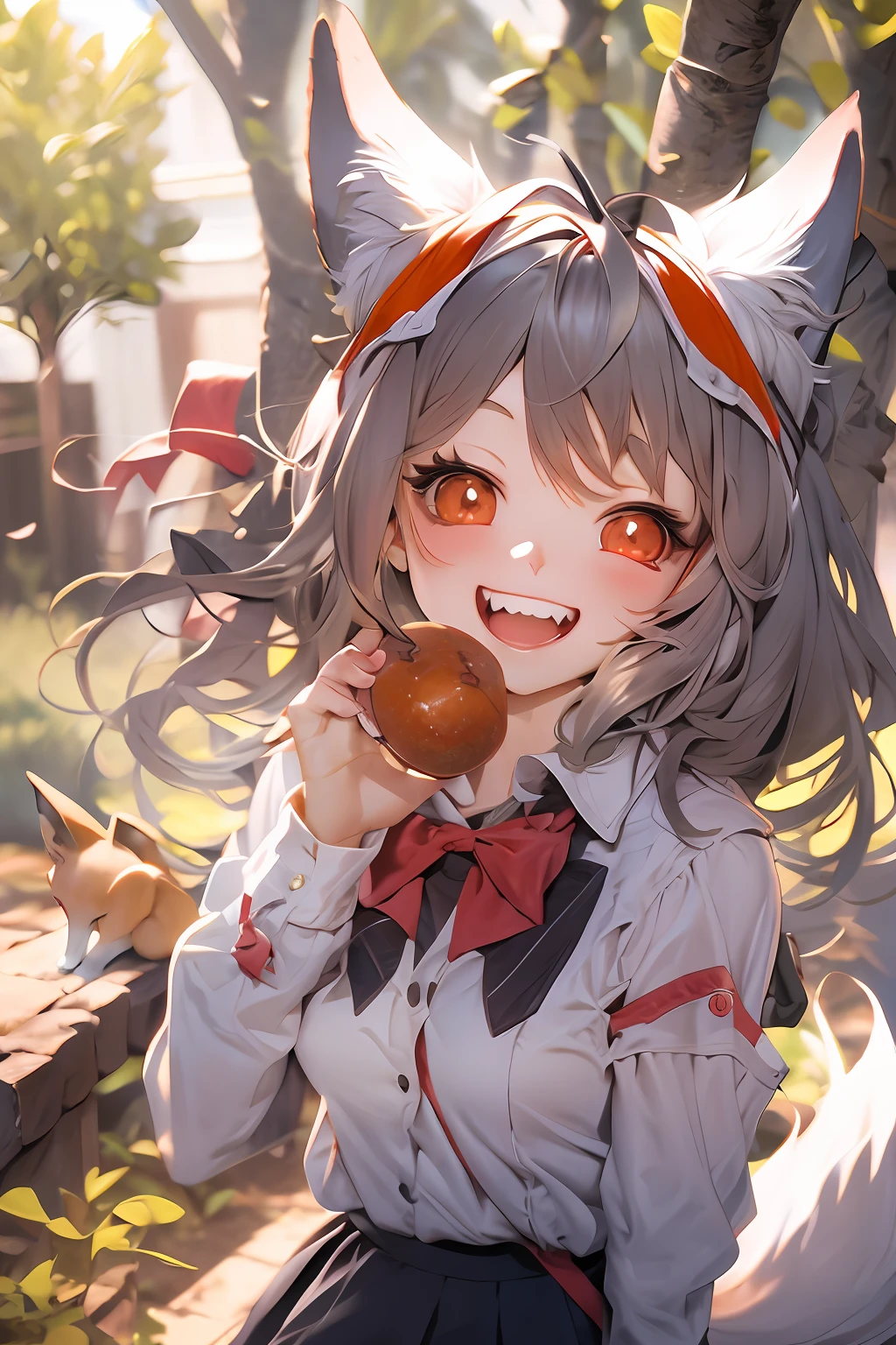 (masterpiece), (best quality), 1girl, perfect body, girl with fox ears, laugh, open mouth, fangs, red glowing eyes, school uniform, sunny day