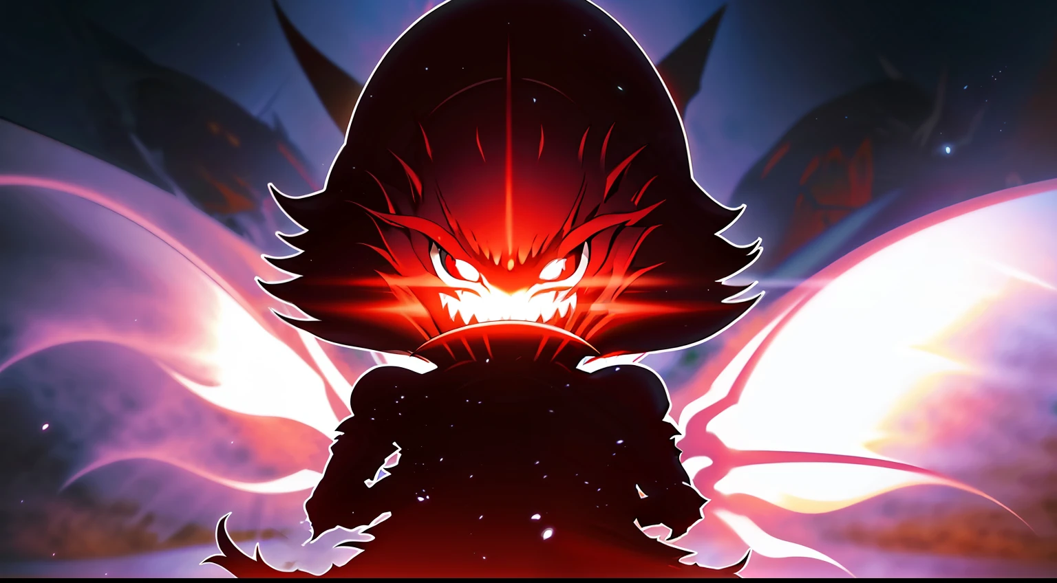 1 man(Black hoodie,Black hood,Black-scaled youkai,Pull down the hood with both hands,Scarlet eyes revealed,Solid pupils,Eerie red light,Black robes,Hideous skin),Fairy tale picture book,Grimm's fairy tales,picture,A collection of stories