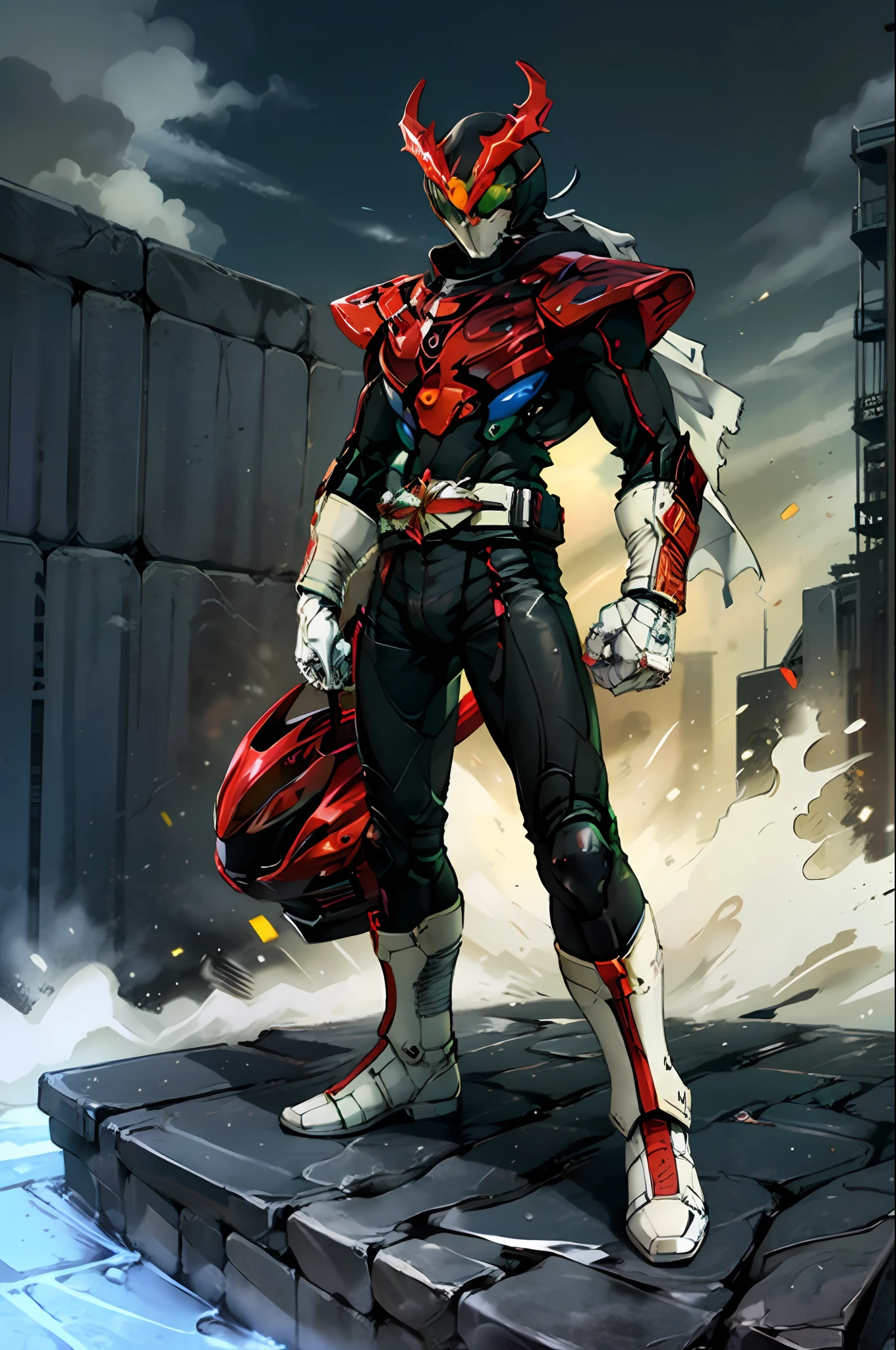 kamen rider stronger ,(((motorcycle:1.4))), (in new york city:1.4),(RAW photo, best quality), red and white boots, gloves,realistic, red and black suit ,Black pants with red stripes,white scarf,glowing eyes,fighting stance,take on helmet with red horns, ultra detailed, highres, soft light,cinematic lighting,city lights at night,perfect anatomy,slender body,(MASTERPIECE:1.2),(REALISTIC:1.2), (ILLUSTRATION:1.2) , (POST PROCESSING:1.3),(SHARP FOCUS:1.3), HDR, photography, Kodak Portra 400, film grain, vibrant color, perfect hands, perfect arms, super extremely ultra detailed (hair,eyes,iris,skin,cloth texture), (sharp focus),(denoise),(raw photo,8k uhd),(extremely fine,best quality),illustration,intricate,