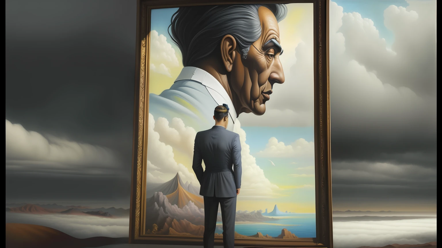 Homem de Arafed olhando para uma pintura de um homem em frente a um espelho, arte surrealista, epic surrealism 8k oil painting, Surrealismo 4K, Surrealismo 8K, Obra-prima Surrealismo, arte surreal, surreal oil painting, illusion surreal art, pintura surreal, dramatic artwork, Surrealismo hiper-realista, pintura de surrealismo, retrato do surrealismo, arte conceitual surreal, dreamlike surrealism