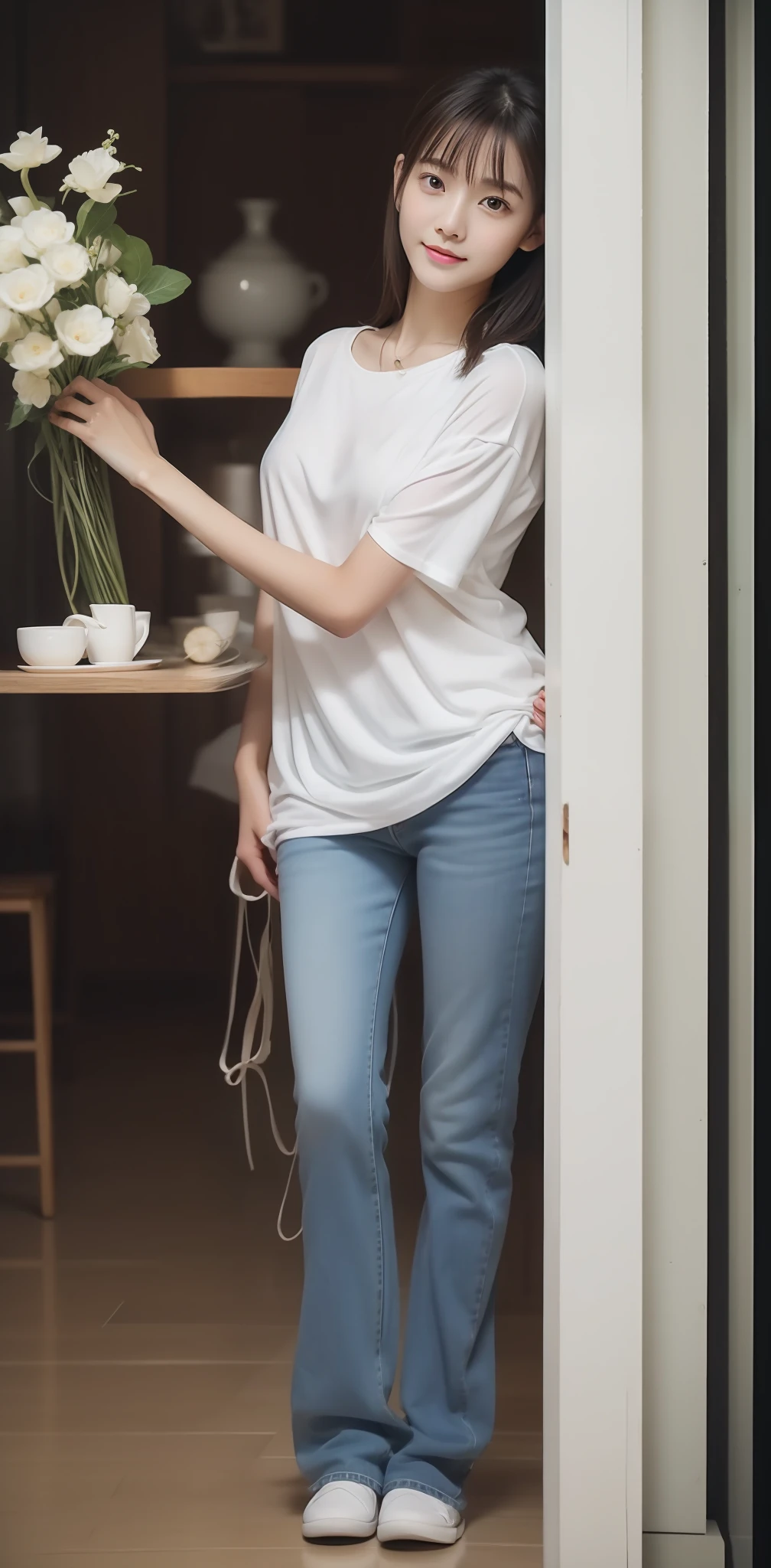 Zhu Ai_Villas,RAW photos,Brand photos,(highdetailskin:1.2),8k ultra high definition,digital SLR camera,gentlesoftlighting,high high quality,filmgrain,富士XT3,20 years old Asian woman,Wear simple clothes,T-shirt and skinny jeans,Detailed clothing details:1.3,perfect body figure,Slim legs,Super detailed facial details and skin,Fair and tender face and skin,二重まぶた,Super detailed eyes,taking a full body photo