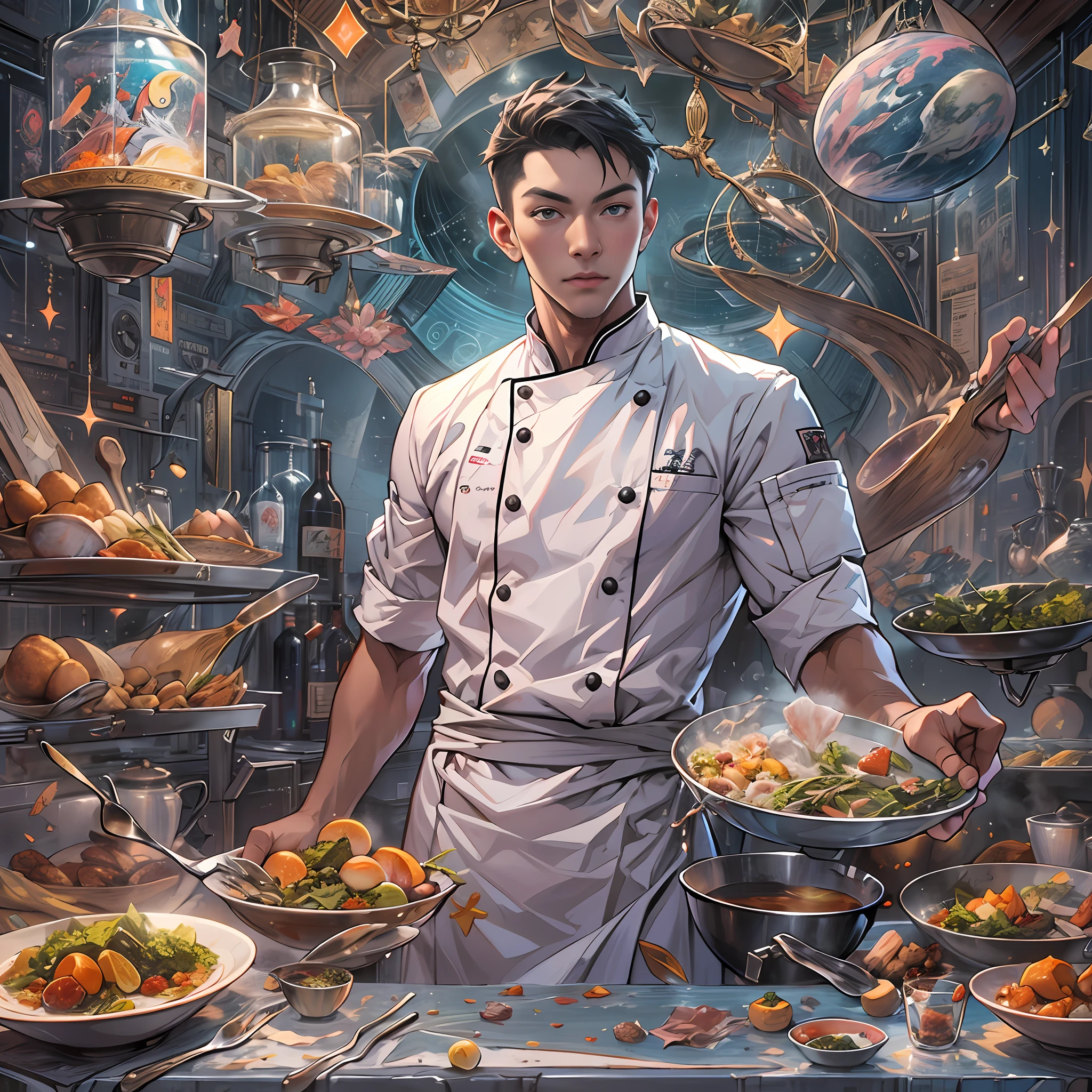 A tall and handsome young chef，Stand on the edge of the dream space, eyes glowing, Surreal scenes filled with symbols and patterns of various skills, ,in the style of the stars art group xing xing, 32K, Best quality, Masterpiece, Super detail, High details,