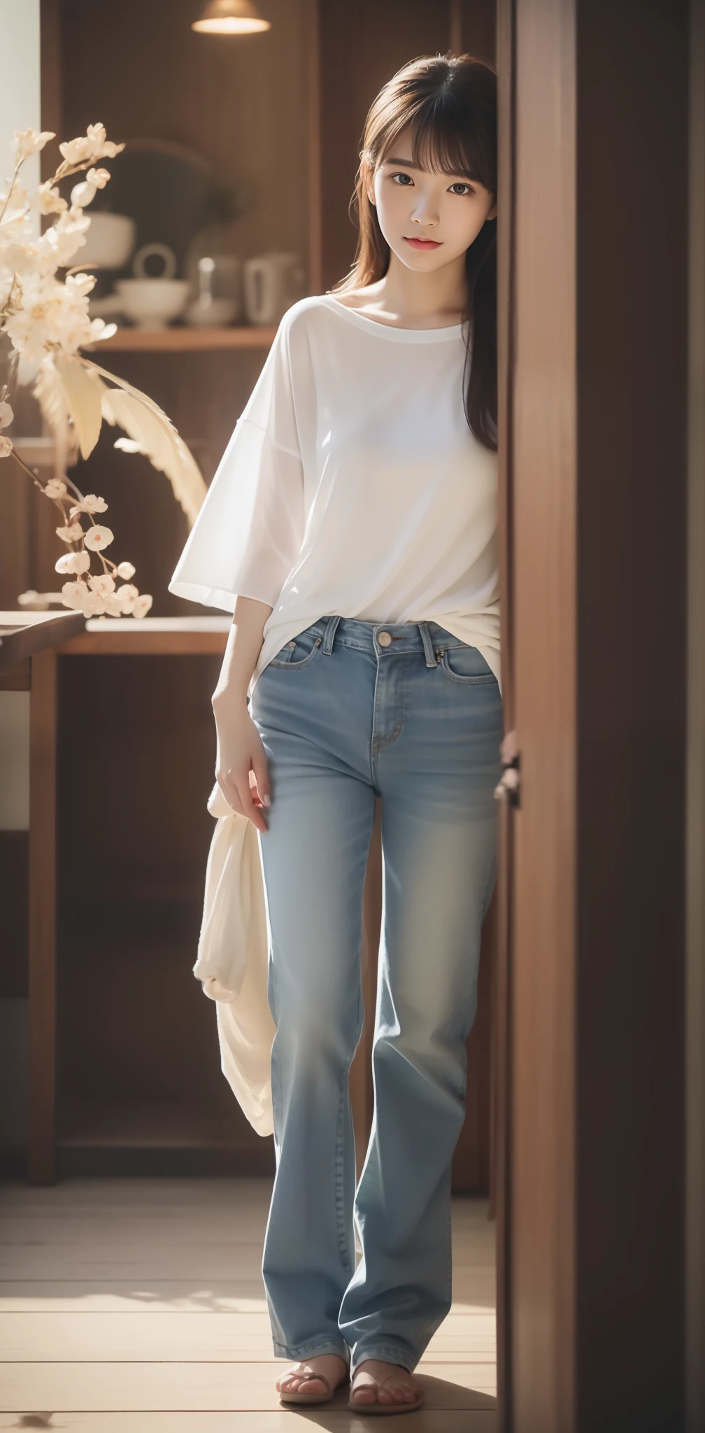Zhu Ai_Villas,RAW photos,Brand photos,(highdetailskin:1.2),8k ultra high definition,digital SLR camera,gentlesoftlighting,high high quality,filmgrain,富士XT3,20 years old Asian woman,Wear simple clothes,T-shirt and skinny jeans,Detailed clothing details:1.3,perfect body figure,Slim legs,Super detailed facial details and skin,Fair and tender face and skin,二重まぶた,Super detailed eyes,taking a full body photo
