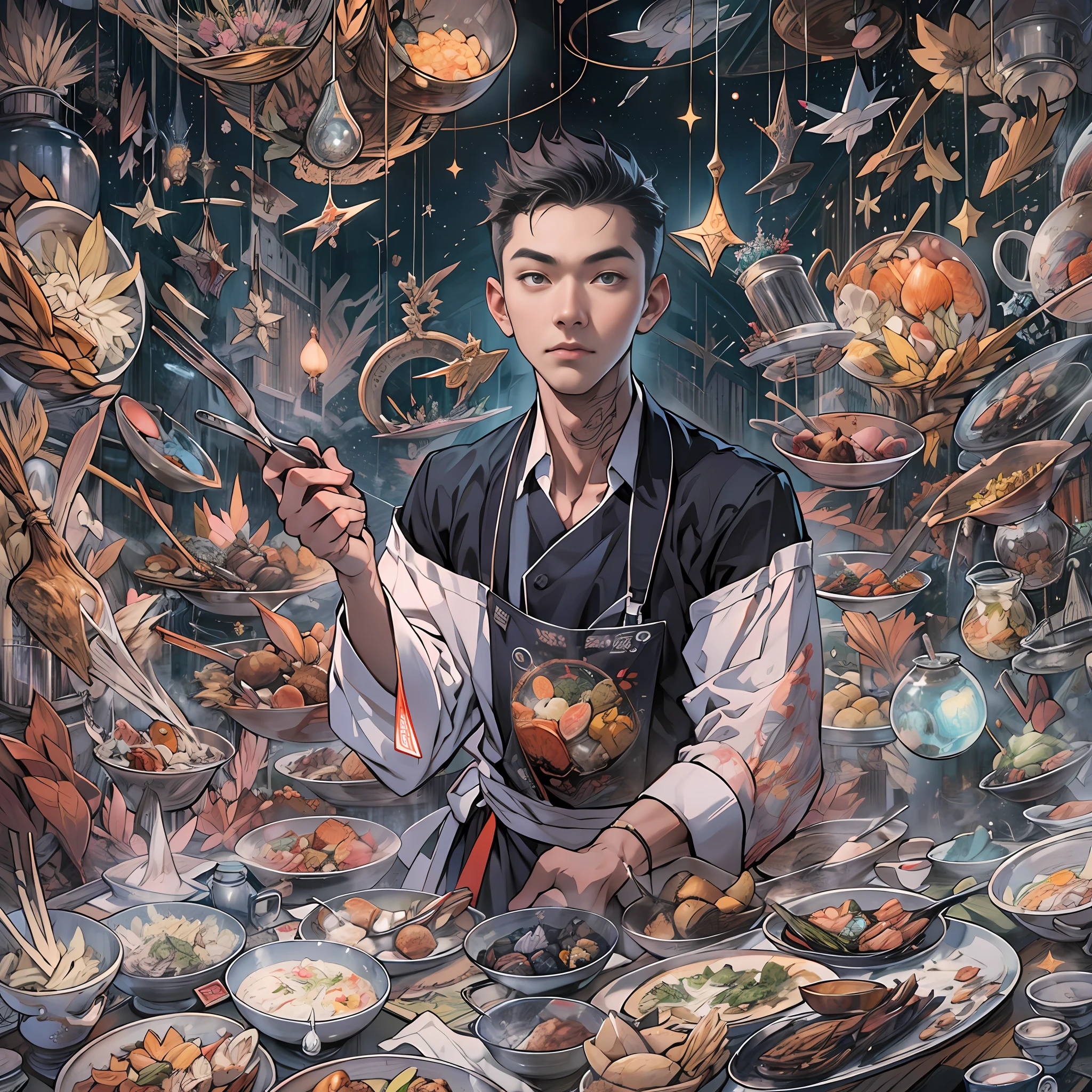 A tall and handsome young chef,Stand on the edge of the dream space, eyes glowing, Surreal scenes filled with symbols and patterns of various skills, ,in the style of the stars art group xing xing, 32K, Best quality, Masterpiece, Super detail, High details,