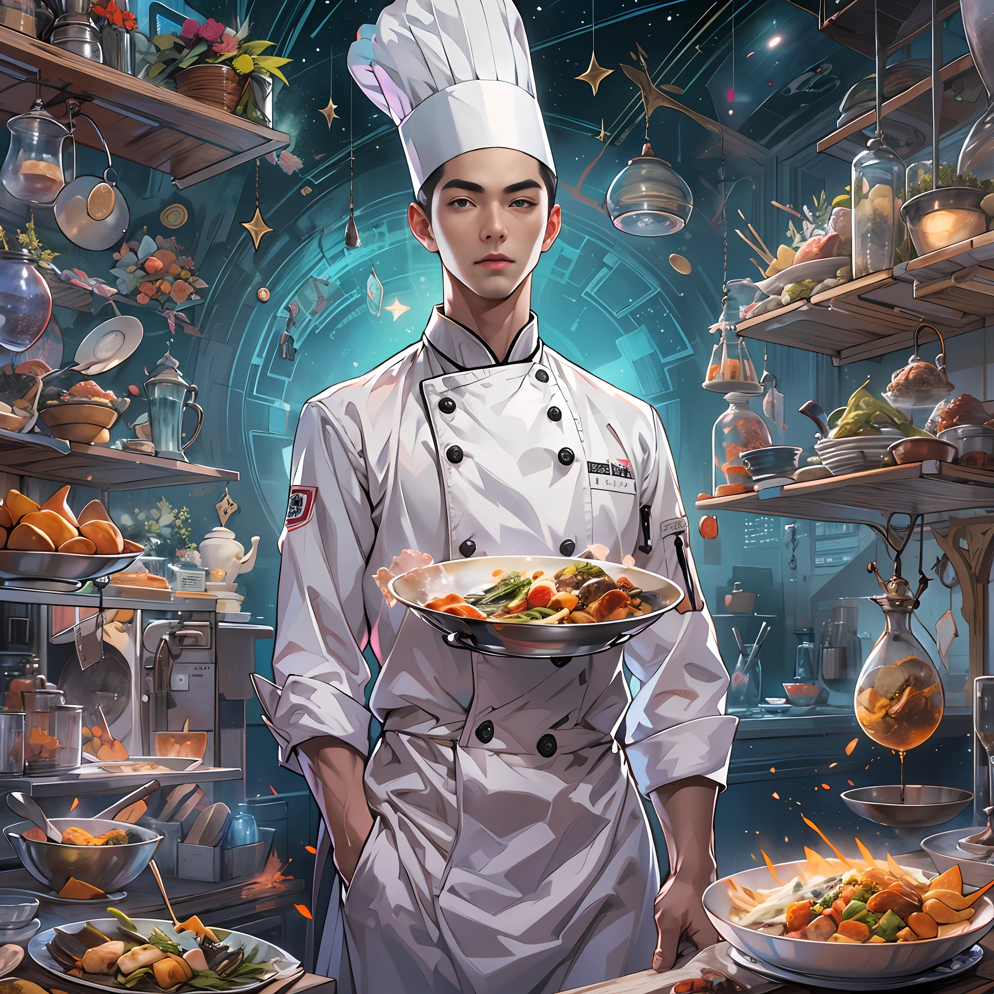 A tall and handsome young chef,Stand on the edge of the dream space, eyes glowing, Surreal scenes filled with symbols and patterns of various skills, ,in the style of the stars art group xing xing, 32K, Best quality, Masterpiece, Super detail, High details,