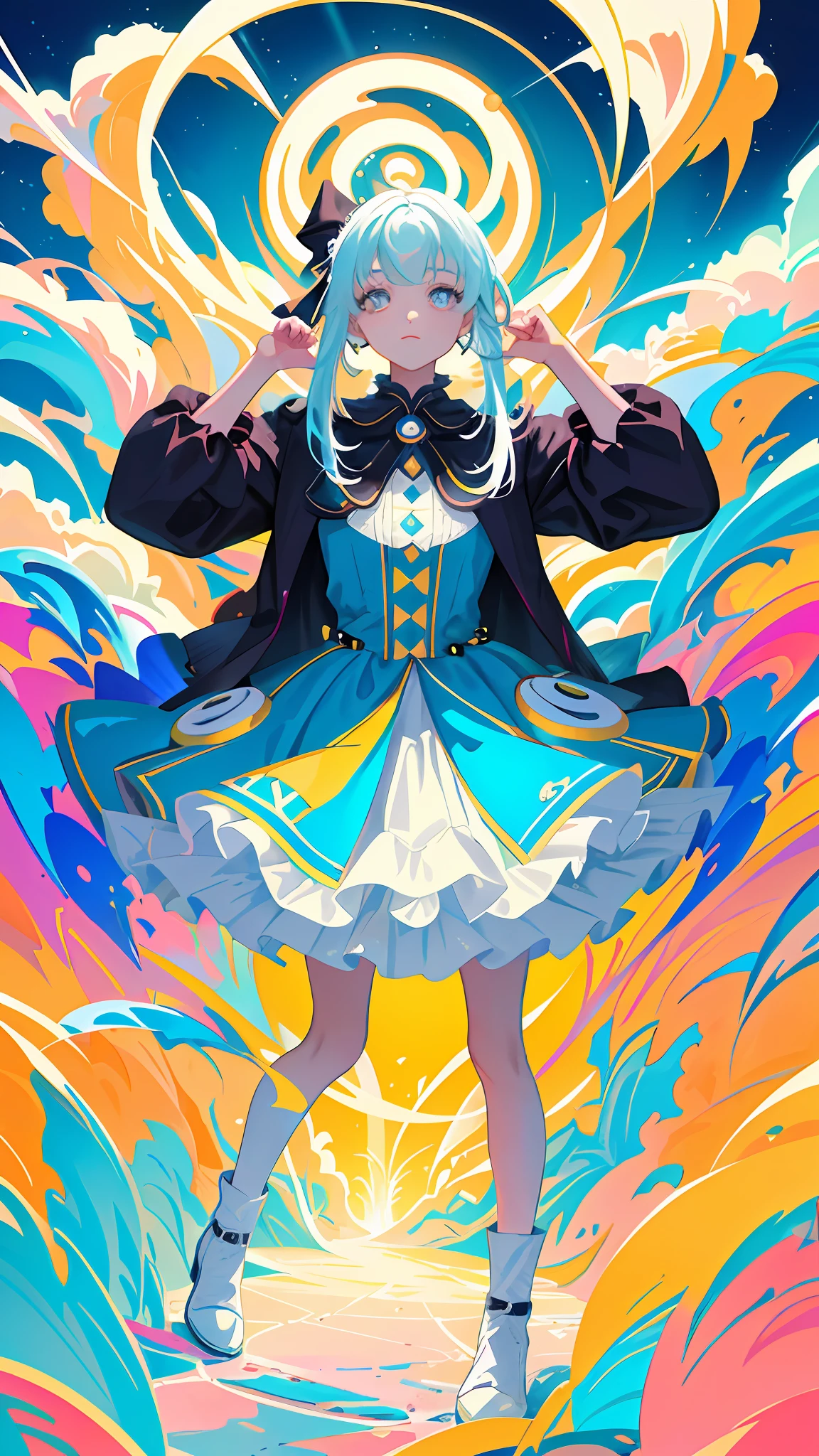 In a (masterpiece) of the (highest quality), an (ultra-detailed) illustration comes to life. The artwork features (1girl), standing (in a fashionable outfit) with a confident stance, while (looking at the viewer), as if in an (interview). Against a (simple background), her (beautifully detailed eyes) steal the spotlight, exuding charm and depth. With (flawless beauty) and a vibrant color palette, the artwork is (highly saturated), creating a captivating visual experience. Colorful splashes and a floating bubble add a touch of whimsy, while a (bright) glow accentuates the focus on her face. The attention to detail in this illustration is truly (remarkable).