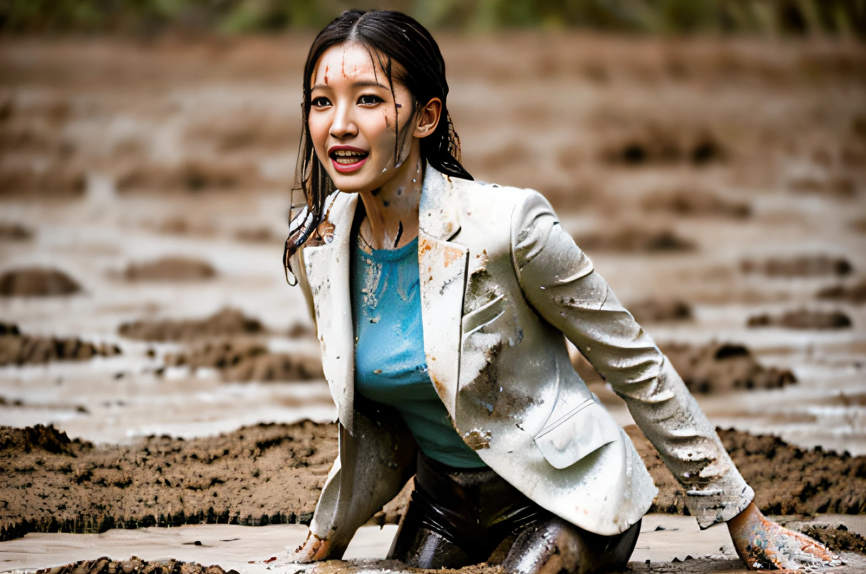 Female lawyer in the mud Wet mud, Covered in mud, mud ground, Wearing a white suit,lacepantyhose, uhd candid photo of dirty, flying mud, dirty and sweaty, Dirty, Wearing sweat,Dirty, tar pit,