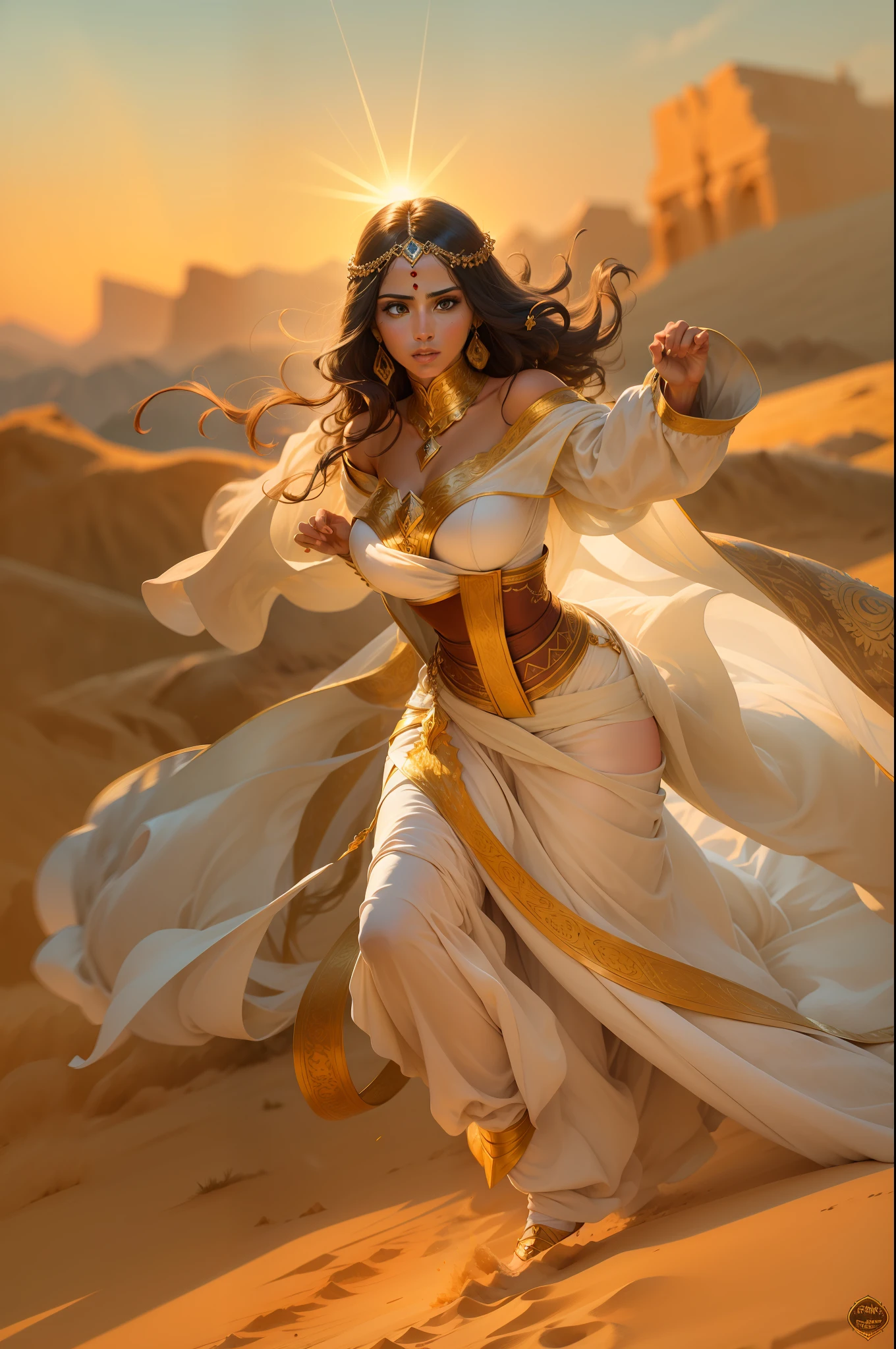 A captivating scene of a confident and determined Arabian woman knight, her flowing clothing and flowing hairstyle displaying her strength and determination. Her elegant, elegant attire and flowing attire contrast beautifully, accentuating her Feast of the Assumption motif. The sun sets behind her, casting a warm, golden light over the scene, emphasizing the beauty of the desert and the challenging nature of the hunt. fast shutter speed, telephoto lens, rich colors