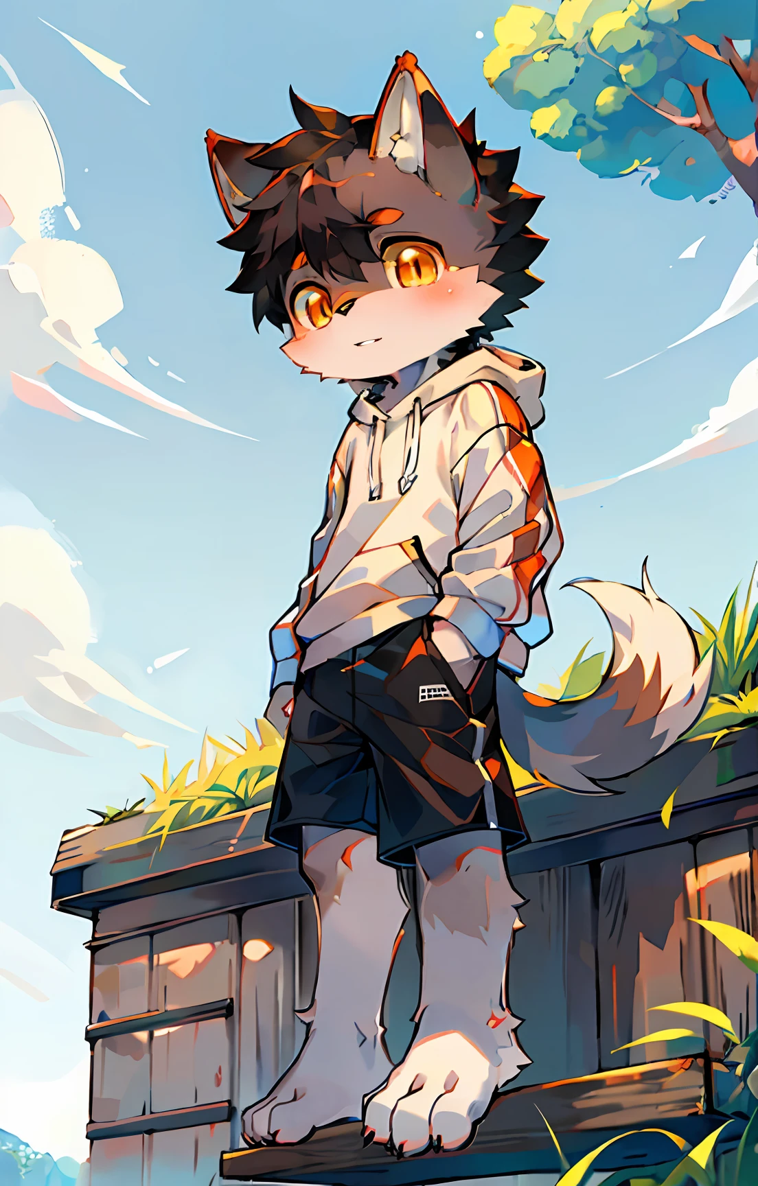 canid，Kids boy，Shota，Gray fur，Amber pupils，White sweatshirt，Black  shorts，Barefoot，adolable，Q version，sprout，full bodyesbian，独奏，outside，夏天，perspire