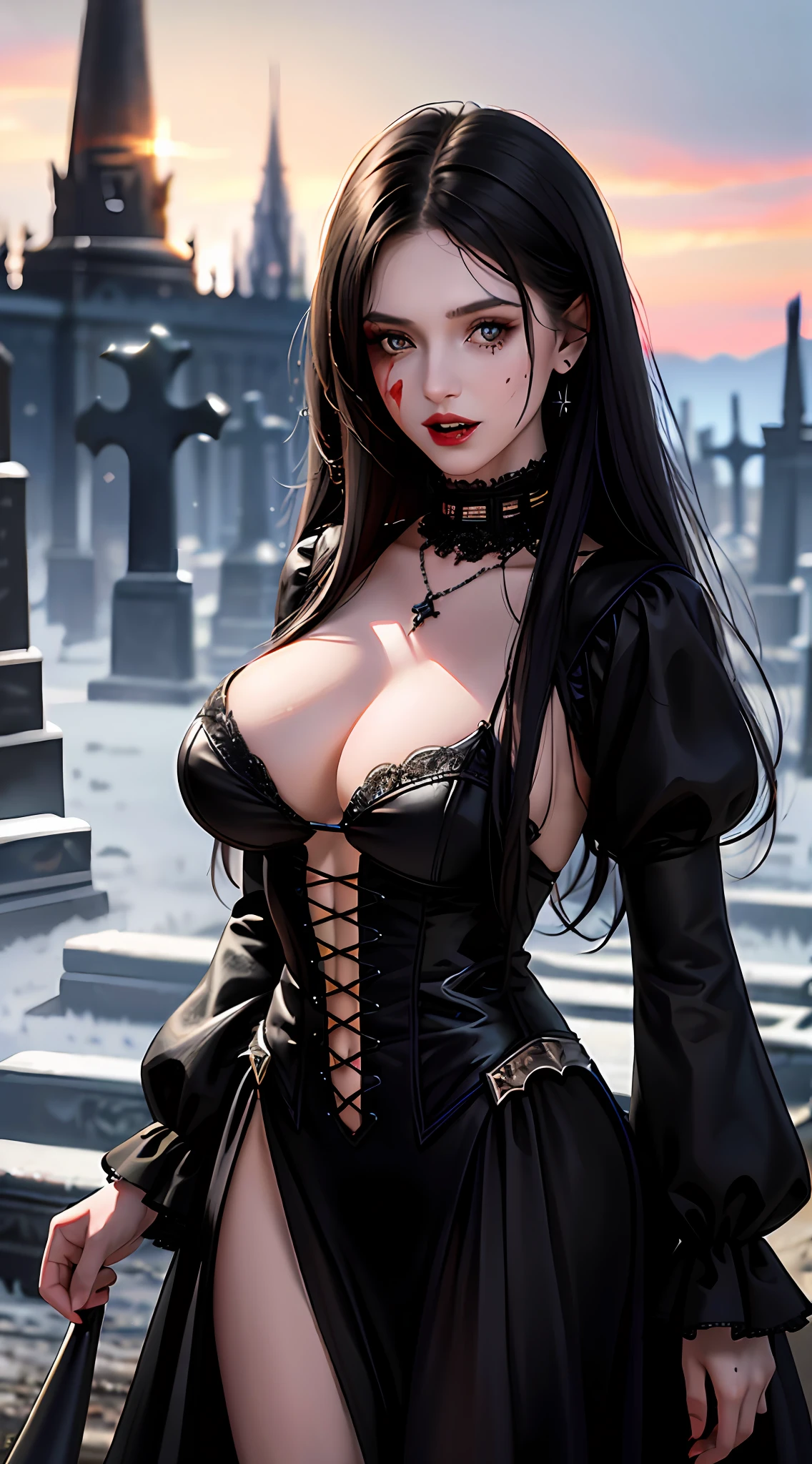 Best quality, Masterpiece, (Realistic:1.2), (1girll,Solo:1.6),A young woman, witch,unholy,Waist up, Middle Ages style, Gothic style,Detailed face, Detailed eyes, (detailed black hair:1.4),, Detailed skin, (Detailed clothes:1.5),Cloak,view the viewer, Dramatic, vibrant,, Dark environment of the Middle Ages,Castle,forest,(((Cemetery))),50 millimeters,F1.2, EOS-1D X Mark III,(full bodyesbian:1.2),(In the night),standing,(the complex background:1.6), (Heavy makeup:1.3),(Blood on the face:1.2),Dagger in hand,Bigboobs,stocklings,Full body like,Realistic fighting stance,hyper realisitc,big breasts exposed cleavage,Bare with thighs,Sexy expressions,Slightly open mouth,Enchanted,Vampires