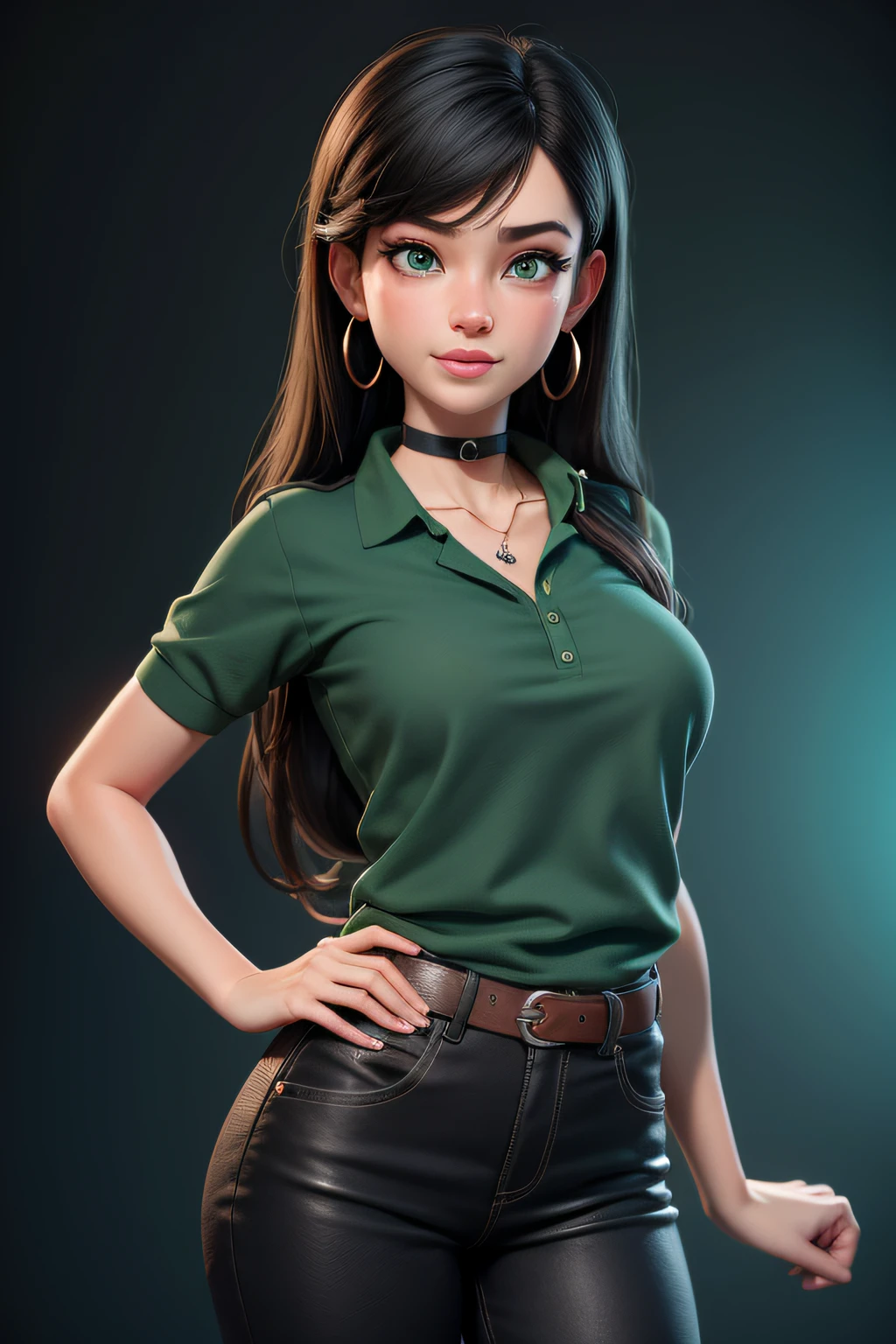 best quality, ..3D rendering work, ..3DMM style, Close-up, portrait, ....3d, 1girl, Only, black hair, teardrop earrings, looking at camera, front, realistic, upper body , WITH ARMS CROSSED, simple bottom, bangs, Looking away, long straight black hair, parted lips, Choker, makeup , Squishy, ​​green polo shirt, green eyes, Tifa Lockhart, (small breasts: 1.1) REFERENCE: https://image9.cdn.seaart.ai/2023-08-04/52449297297477/c9e0706cffa353936c45f41fef45e6c4f2a12e7c.png