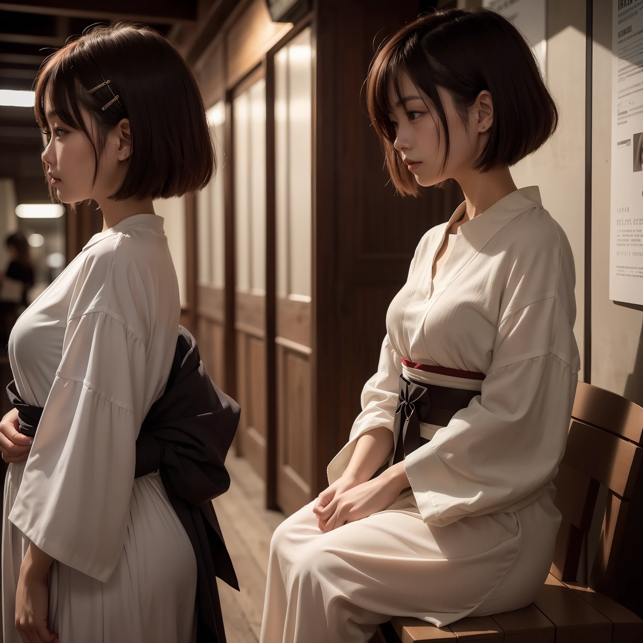Woman in profile from neck up、japanes、25-years old、a short bob、a smile