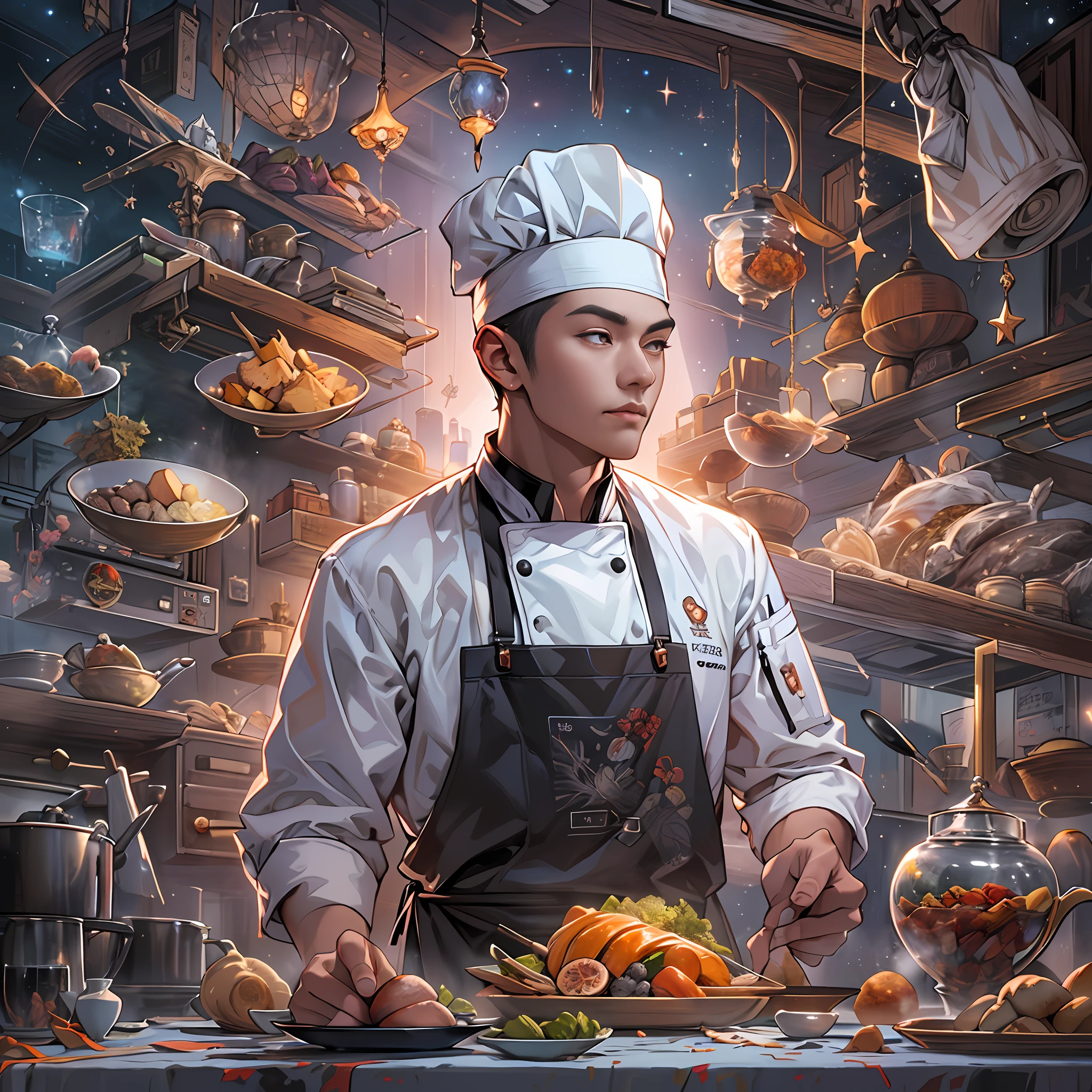 A tall and handsome young chef,Stand on the edge of the dream space, eyes glowing, Surreal scenes filled with symbols and patterns of various skills, ,in the style of the stars art group xing xing, 32K, Best quality, Masterpiece, Super detail, High details,