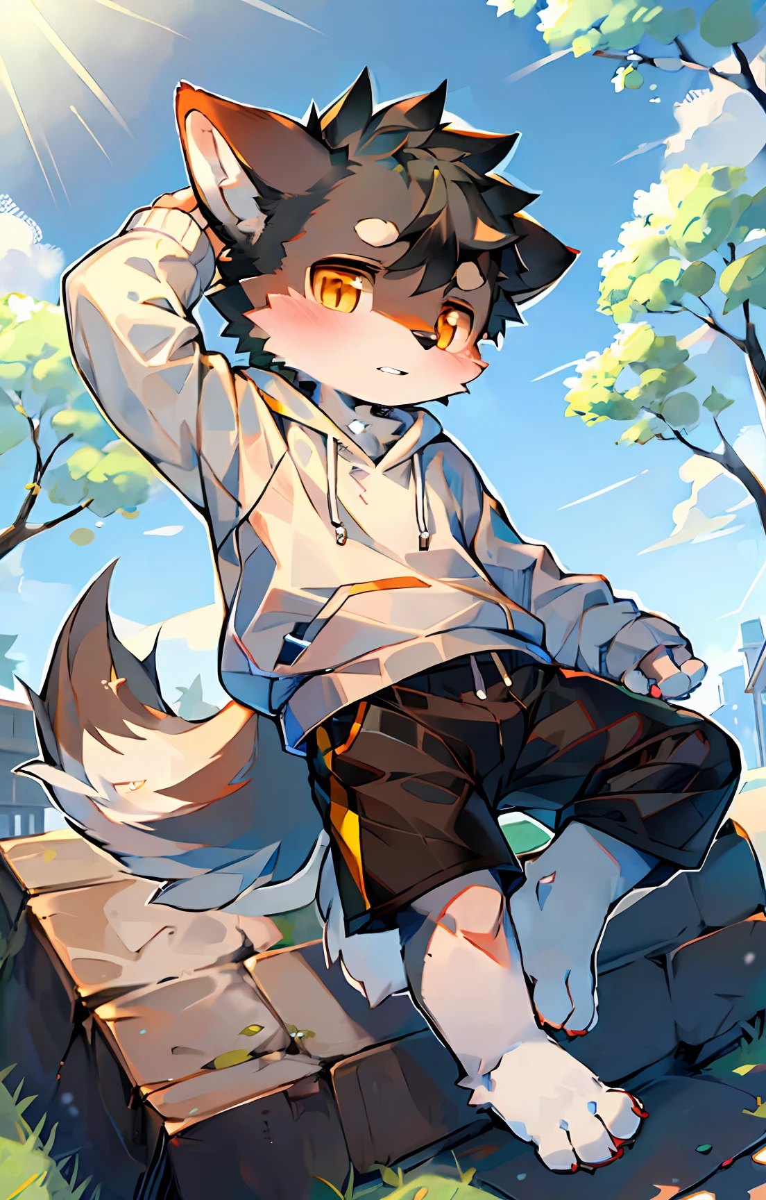 canid,Kids boy,Shota,Gray fur,Amber pupils,White sweatshirt,Black shorts,Barefoot,adolable,Q version,sprout,full bodyesbian,独奏,outside,夏天,perspire