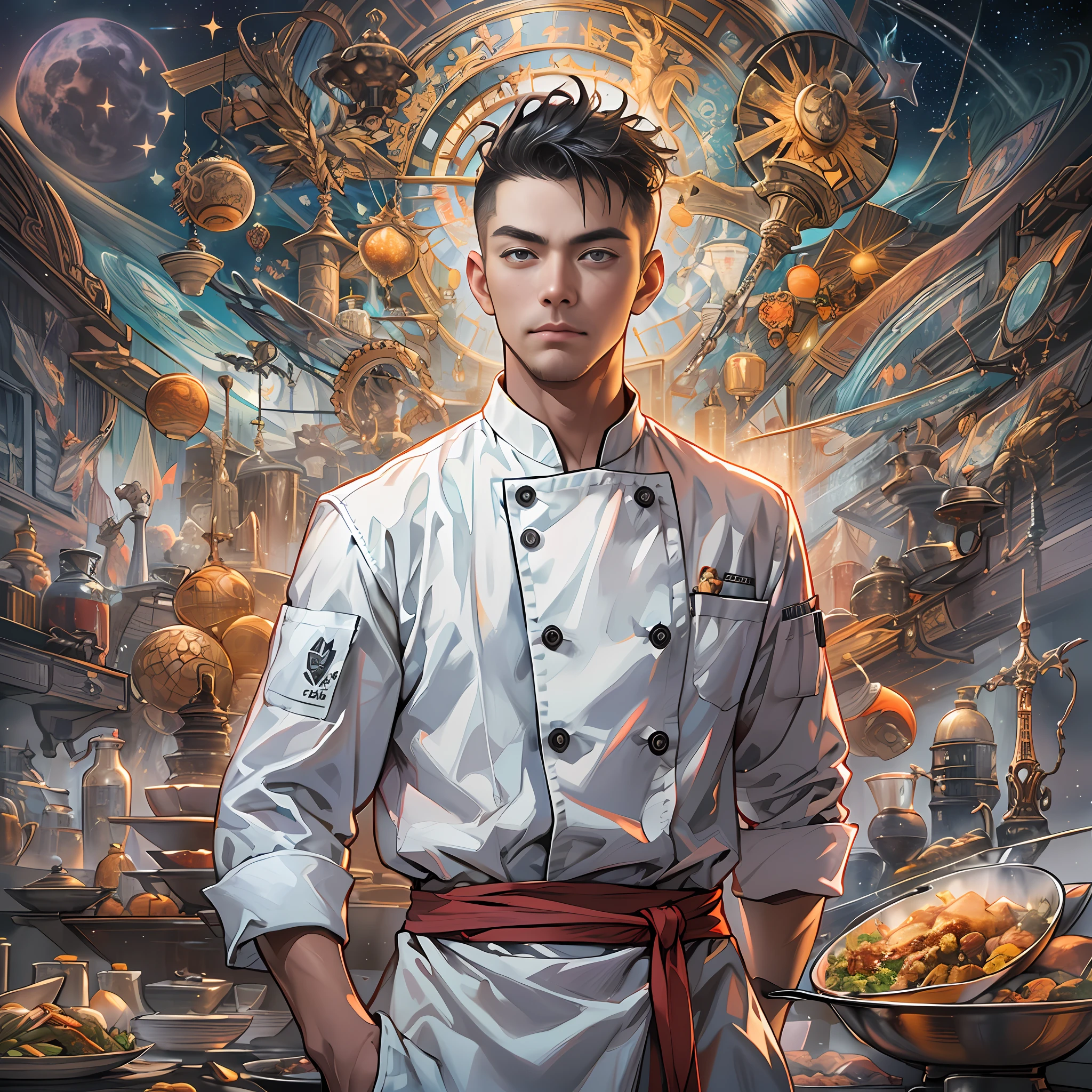 A tall and handsome young chef，Stand on the edge of the dream space, eyes glowing, Surreal scenes filled with symbols and patterns of various skills, ,in the style of the stars art group xing xing, 32K, Best quality, Masterpiece, Super detail, High details,
