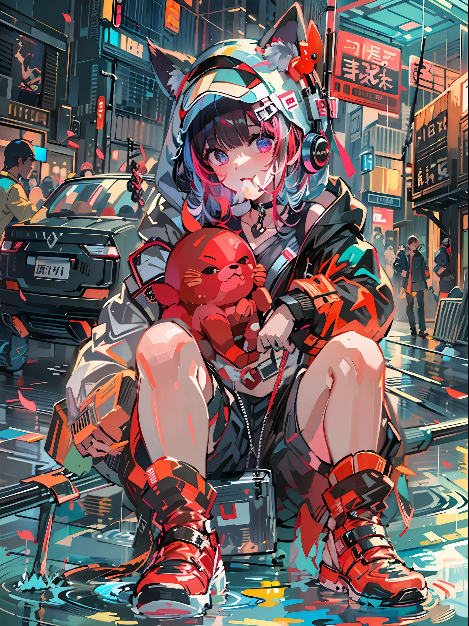 8K分辨率、((top-quality))、((​masterpiece))、((ultra-detailliert))、1 woman、独奏、incredibly absurdness、Oversized hoodies、headphones、Street、plein air、Rain at night、neons、Shortcut Hair、Brightly colored eyes、Hands in pockets、shortpants、water dripping、red hairs、Bob Hair
