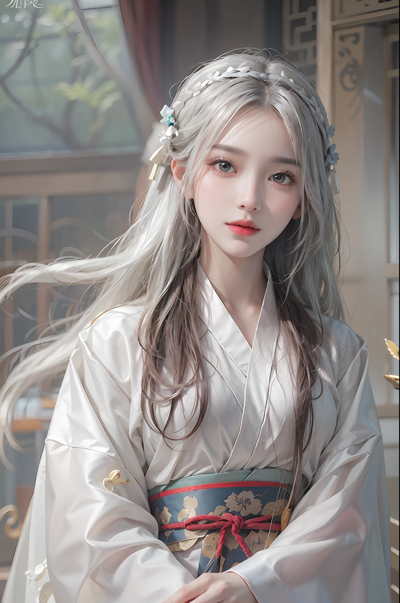 photorealistic, high resolution, soft lights, 1women, shiny skin, finely detailed skin, solo, hips up, look at viewer, (detailed face), white hair, long hair, chinese wedding hanfu