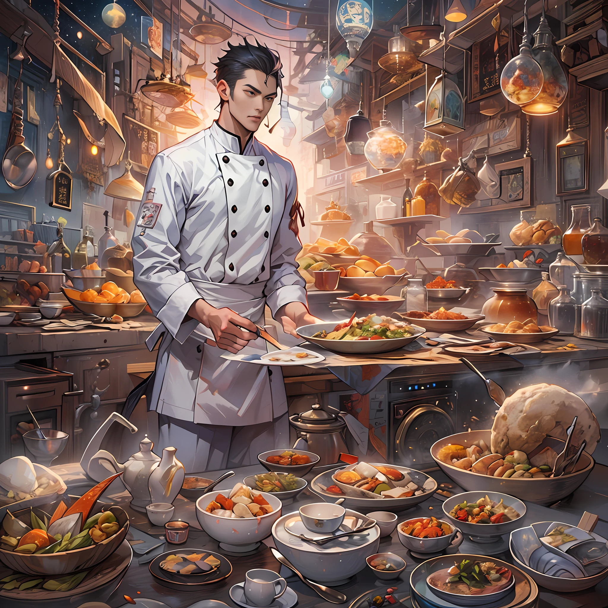 A tall and handsome young chef,Stand on the edge of the dream space, eyes glowing, Surreal scenes filled with symbols and patterns of various skills, ,in the style of the stars art group xing xing, 32K, Best quality, Masterpiece, Super detail, High details,