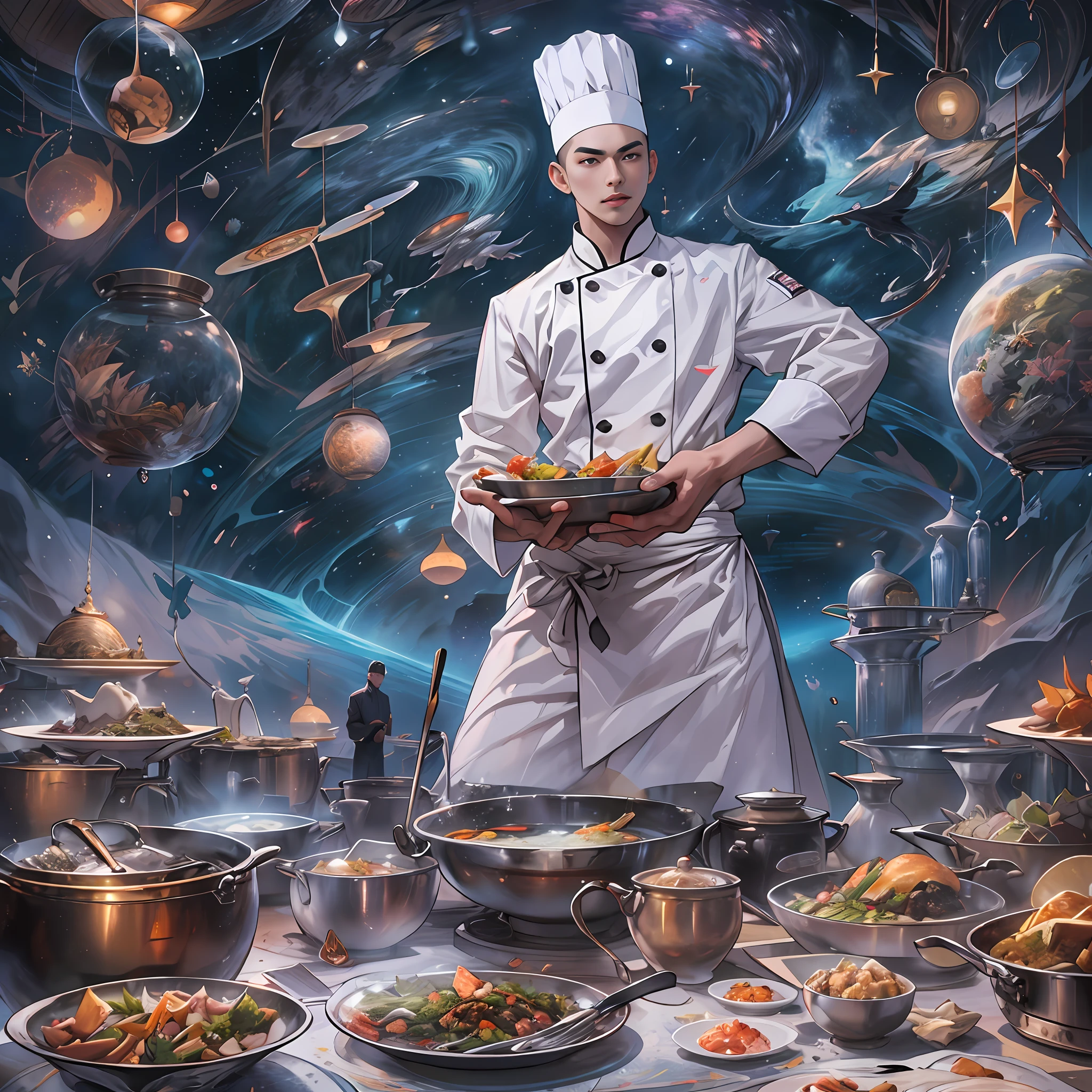 A tall and handsome young chef，Stand on the edge of the dream space, eyes glowing, Surreal scenes filled with symbols and patterns of various skills, ,in the style of the stars art group xing xing, 32K, Best quality, Masterpiece, Super detail, High details,