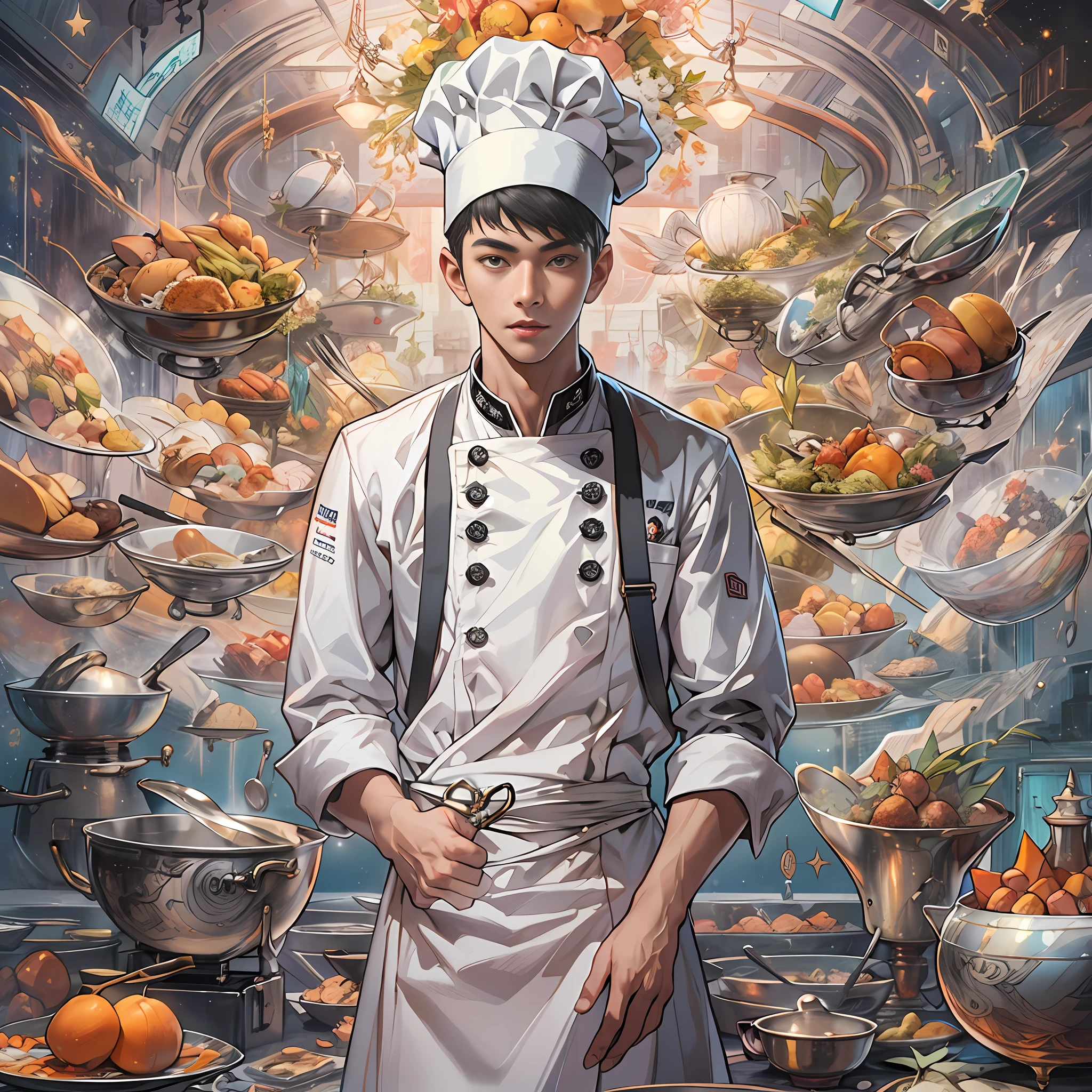 A tall and handsome young chef,Stand on the edge of the dream space, eyes glowing, Surreal scenes filled with symbols and patterns of various skills, ,in the style of the stars art group xing xing, 32K, Best quality, Masterpiece, Super detail, High details,