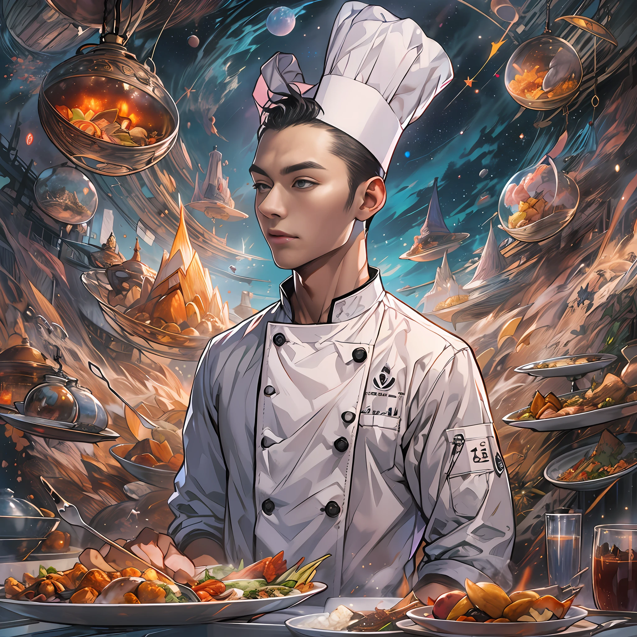 A tall and handsome young chef，Stand on the edge of the dream space, eyes glowing, Surreal scenes filled with symbols and patterns of various skills, ,in the style of the stars art group xing xing, 32K, Best quality, Masterpiece, Super detail, High details,