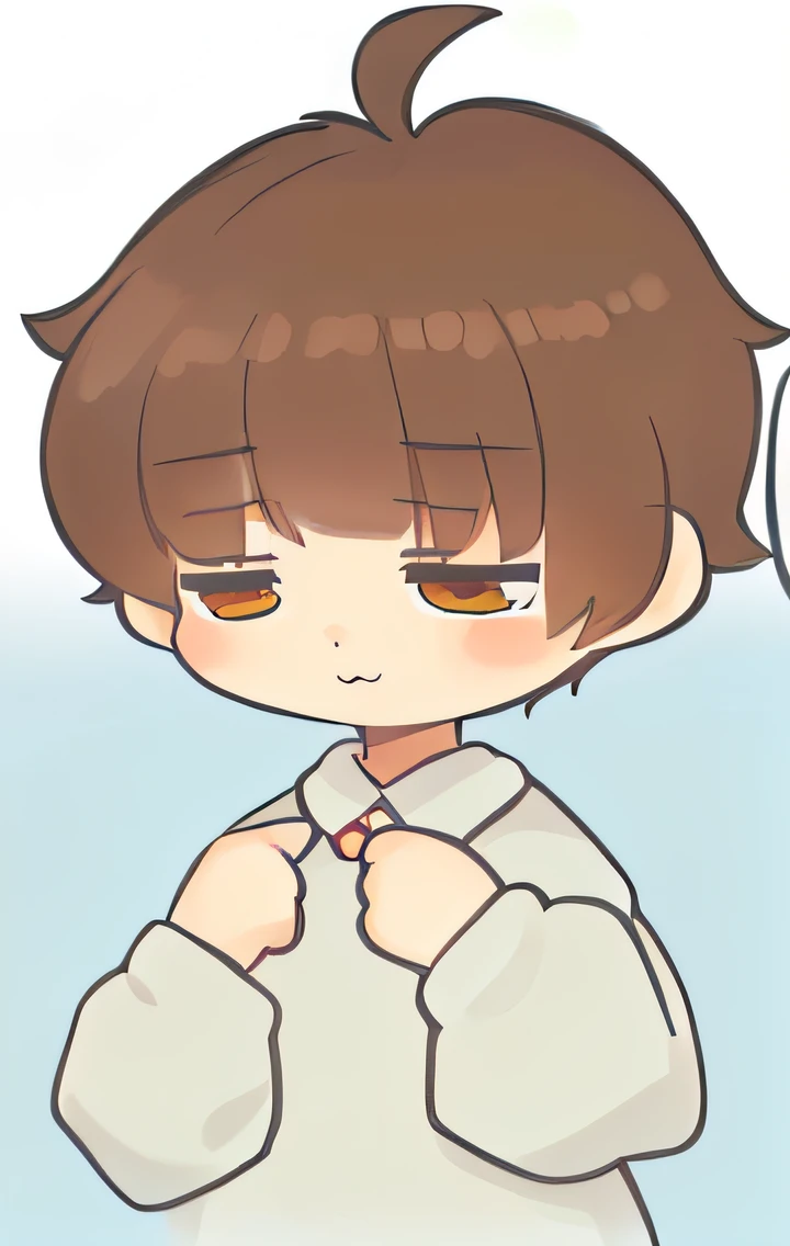 anime boy with a white shirt and a black and white cat, he has short curly brown hair, cute expression, 🍁 cute, anime moe artstyle, smol, in an anime style, telegram sticker, clear cute face, cute anime face, wry smirk, detailed anime soft face, clasps his bangs in one hand, pouty, with a sad expression