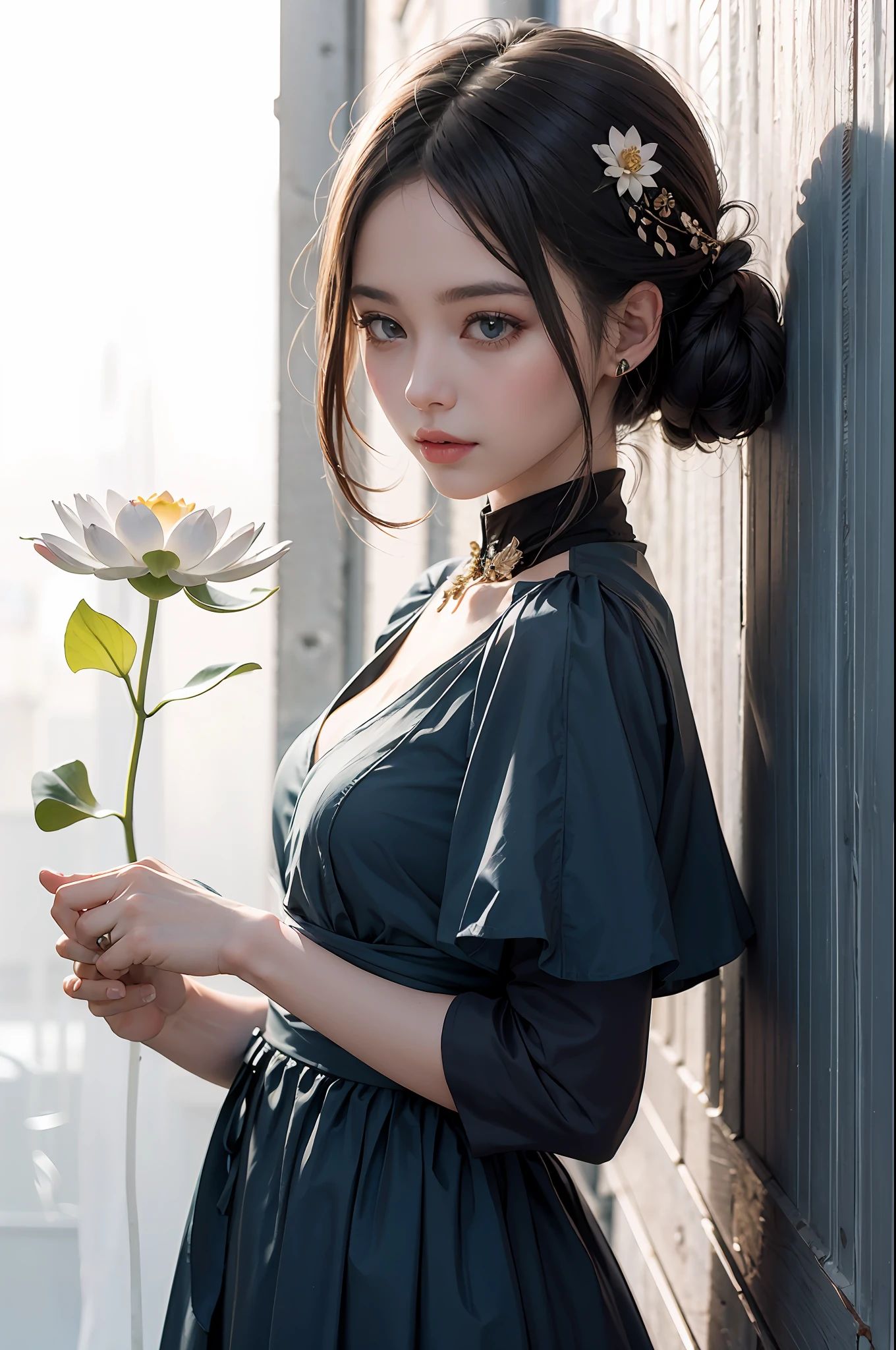A girl in a long blue dress stands in front of a background wall,The background is a plain white background, lunar backdrop, Blooming lotus background,Detail depicting lotus flowers,long whitr hair,beauitful face,Elaborate Eyes,looking toward the viewer,Full body photo,7 points,tmasterpiece,HighestQuali,Works of masters,Impeccably clean,Superb beauty,Perfect lighting,