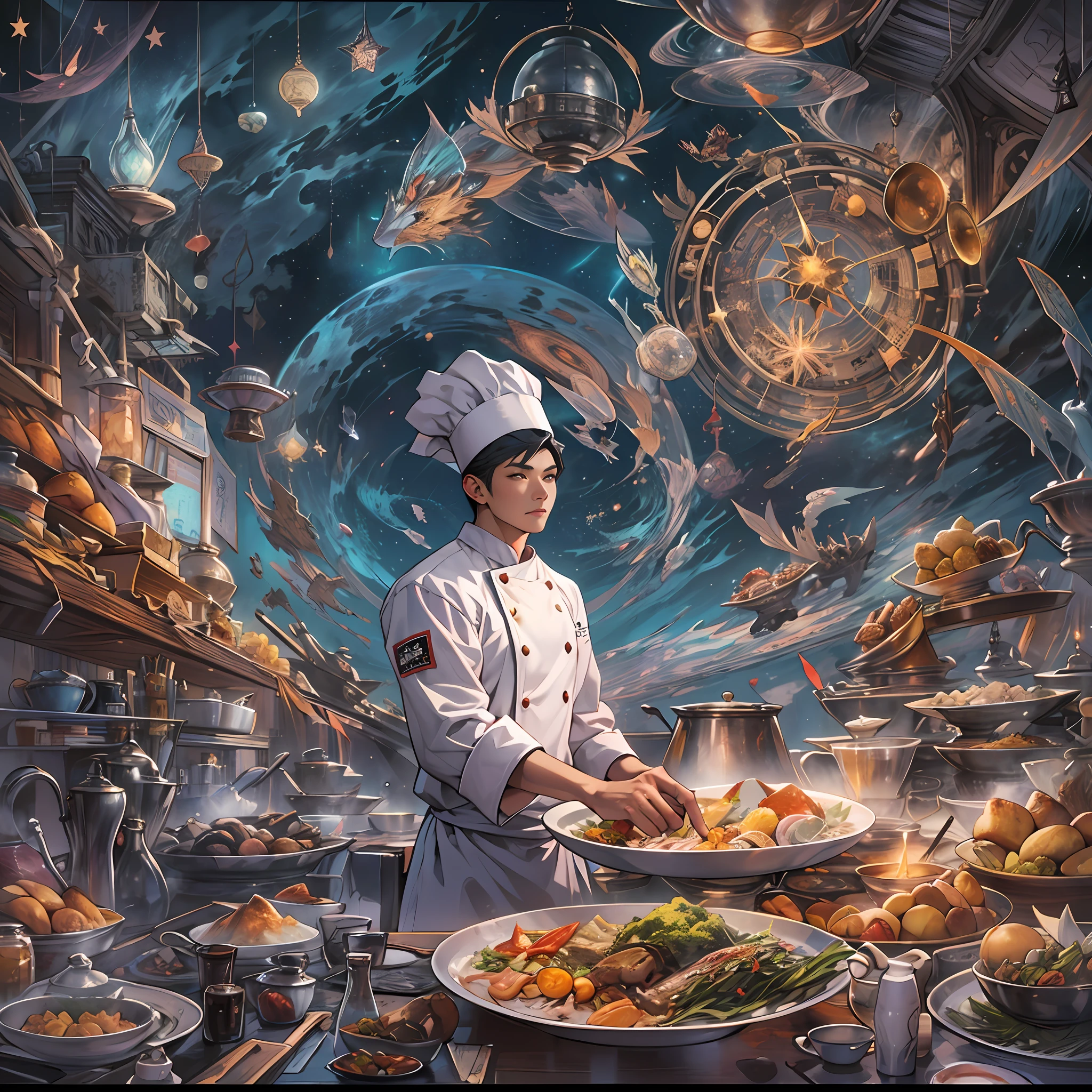 A tall and handsome young chef,Stand on the edge of the dream space, eyes glowing, Surreal scenes filled with symbols and patterns of various skills, ,in the style of the stars art group xing xing, 32K, Best quality, Masterpiece, Super detail, High details,