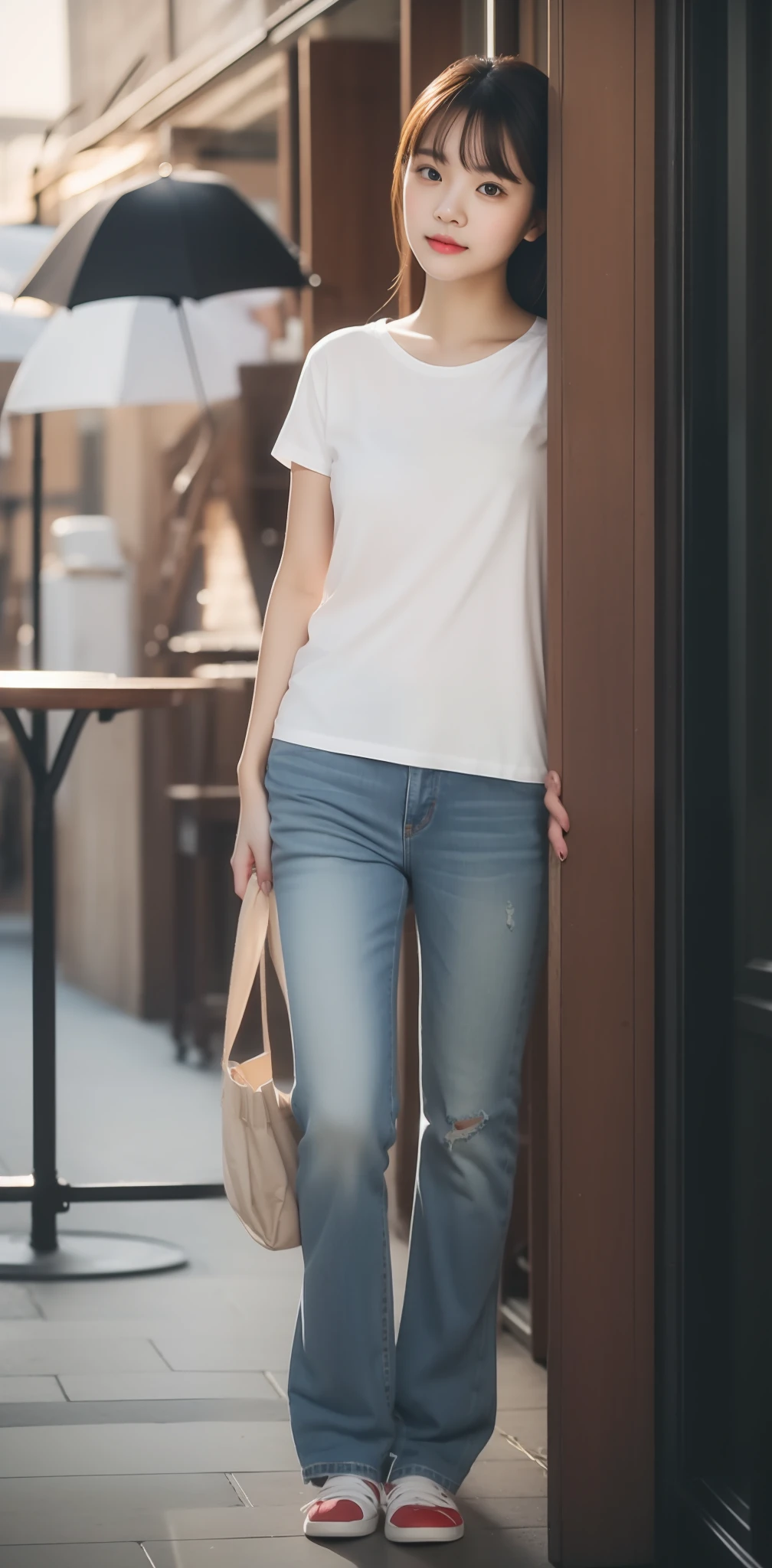 Zhu Ai_Villas,RAW photos,Brand photos,(highdetailskin:1.2),8k ultra high definition,digital SLR camera,gentlesoftlighting,high high quality,filmgrain,富士XT3,20 years old Asian woman,Wear simple clothes,T-shirt and skinny jeans,Detailed clothing details:1.3,perfect body figure,Slim legs,Super detailed facial details and skin,Fair and tender face and skin,二重まぶた,Super detailed eyes,taking a full body photo