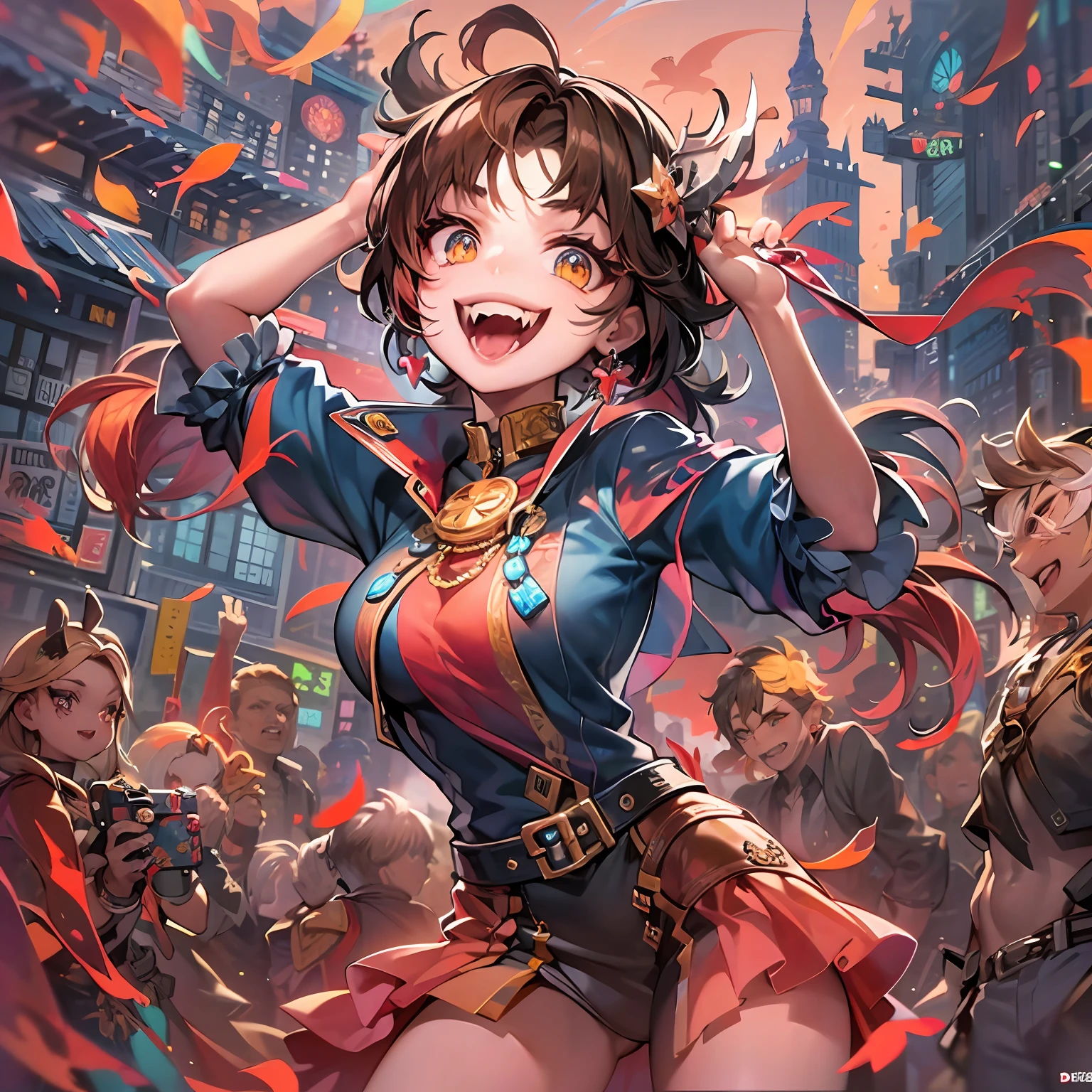 Design a digitally rendered young man AI illustration, A spirited female character who exudes mischievous charm with her sneaky attitude. She should be playful, When she flashes a confident smile、Devilish atmosphere with seductively prominent fangs visible. Her body language is、It is depicted with both hands triumphantly raised into the air, As if she is celebrating a small victory、As if teasing the audience. Artwork should emphasize vibrant colors, Dynamic Poses, Intricate details to bring out the vibrancy and captivating personality of the characters.