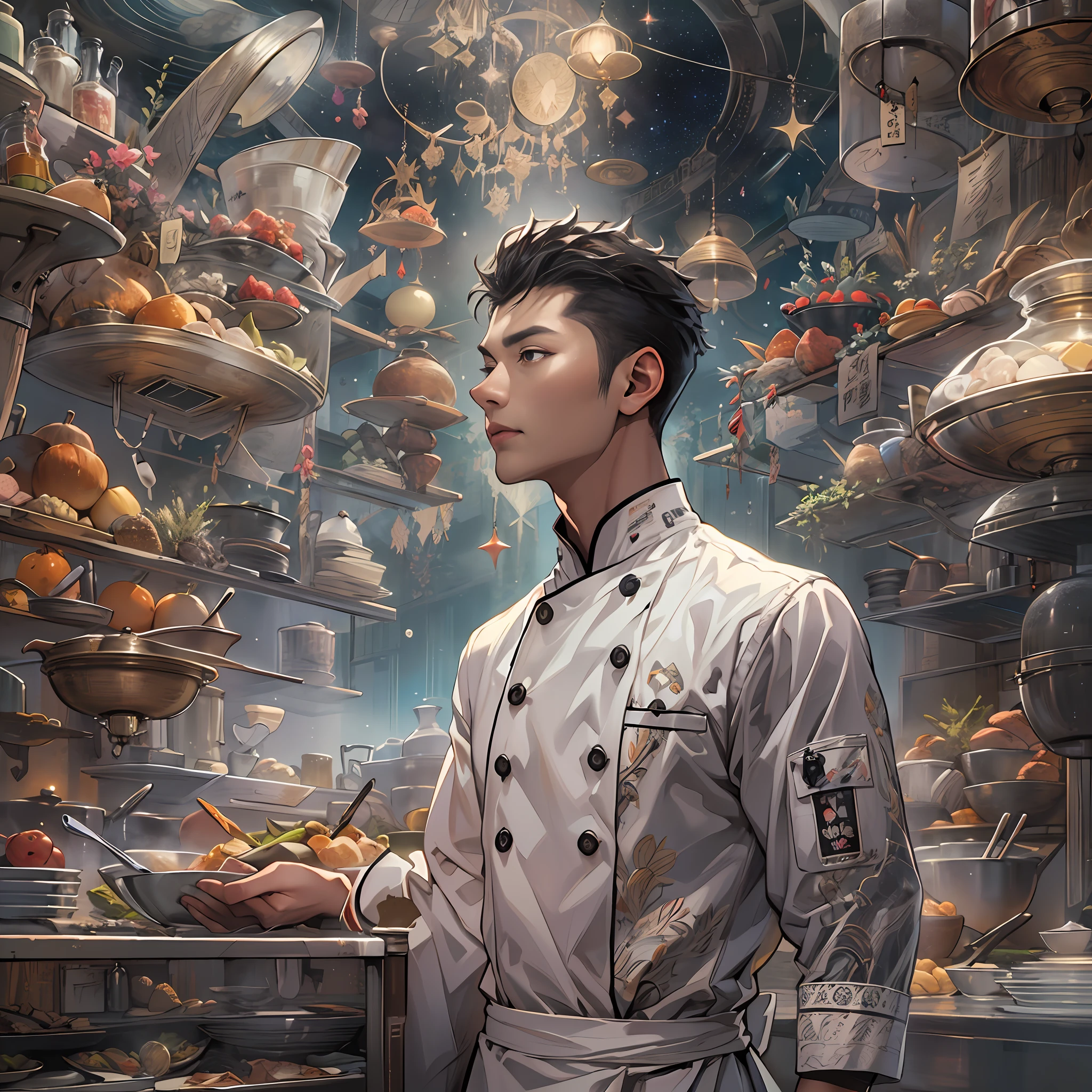A tall and handsome young chef,Stand on the edge of the dream space, eyes glowing, Surreal scenes filled with symbols and patterns of various skills, ,in the style of the stars art group xing xing, 32K, Best quality, Masterpiece, Super detail, High details,