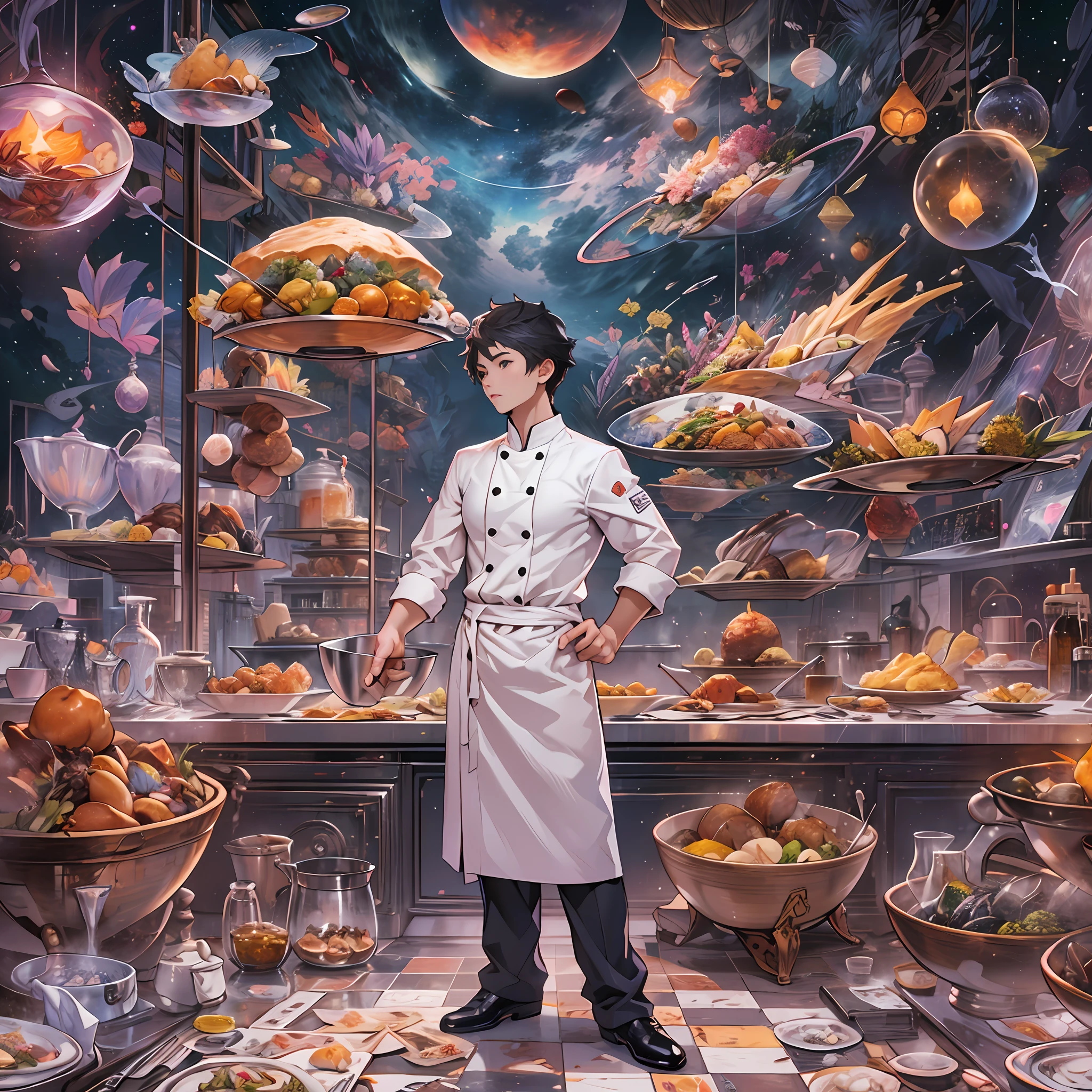 A tall and handsome young chef，Stand on the edge of the dream space, eyes glowing, Surreal scenes filled with symbols and patterns of various skills, ,in the style of the stars art group xing xing, 32K, Best quality, Masterpiece, Super detail, High details,