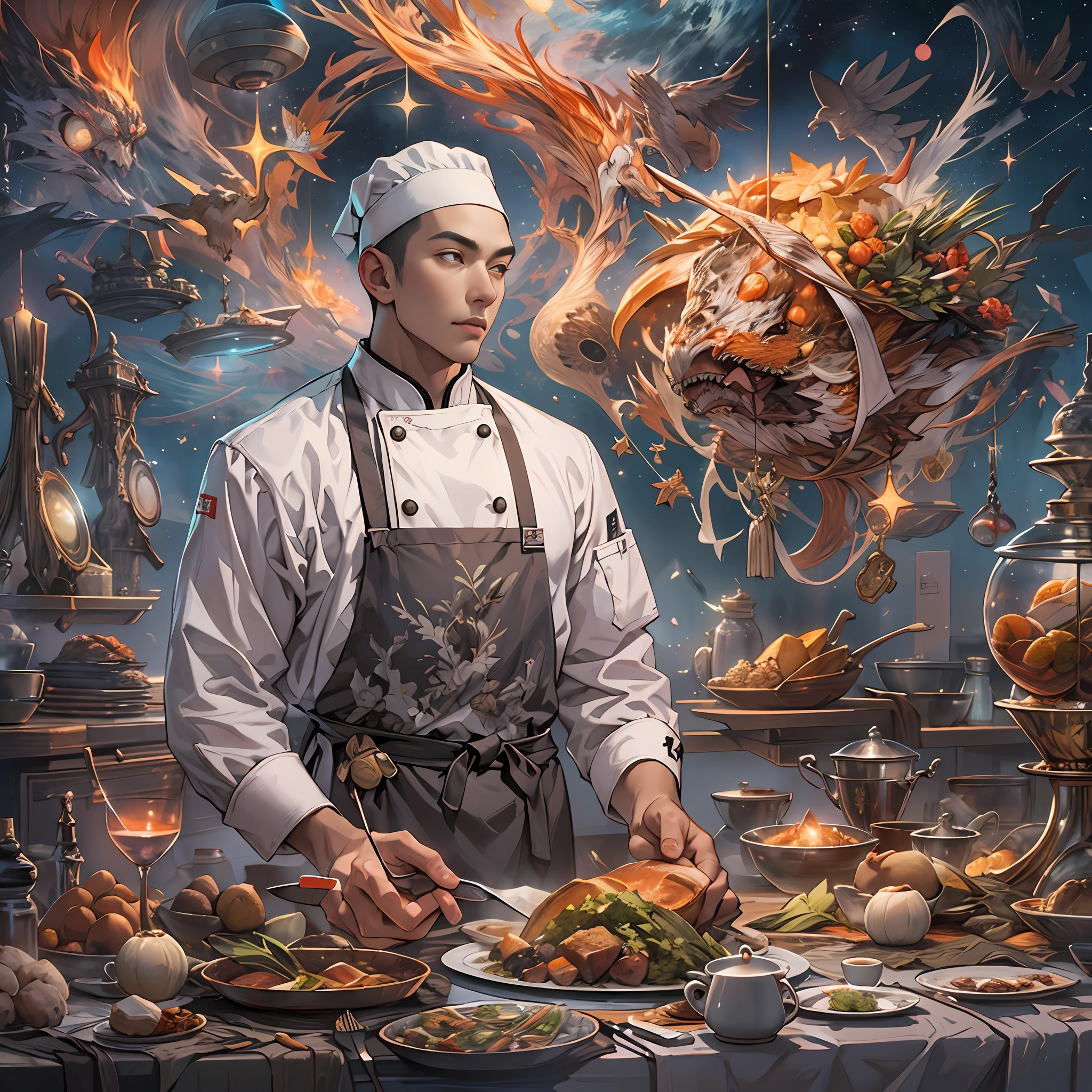A tall and handsome young chef,Stand on the edge of the dream space, eyes glowing, Surreal scenes filled with symbols and patterns of various skills, ,in the style of the stars art group xing xing, 32K, Best quality, Masterpiece, Super detail, High details,