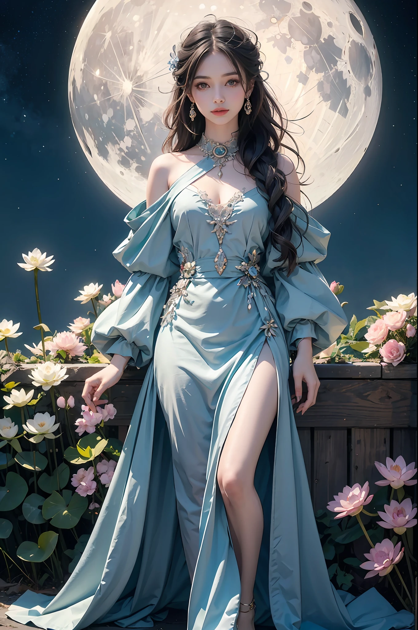 A girl in a long blue dress,Solid white, Moon, Lotus in bloom,long whitr hair,beauitful face,Elaborate Eyes,looking toward the viewer,Full body photo,7 points,tmasterpiece,HighestQuali,Works of masters,Impeccably clean,The best,Perfect lighting,