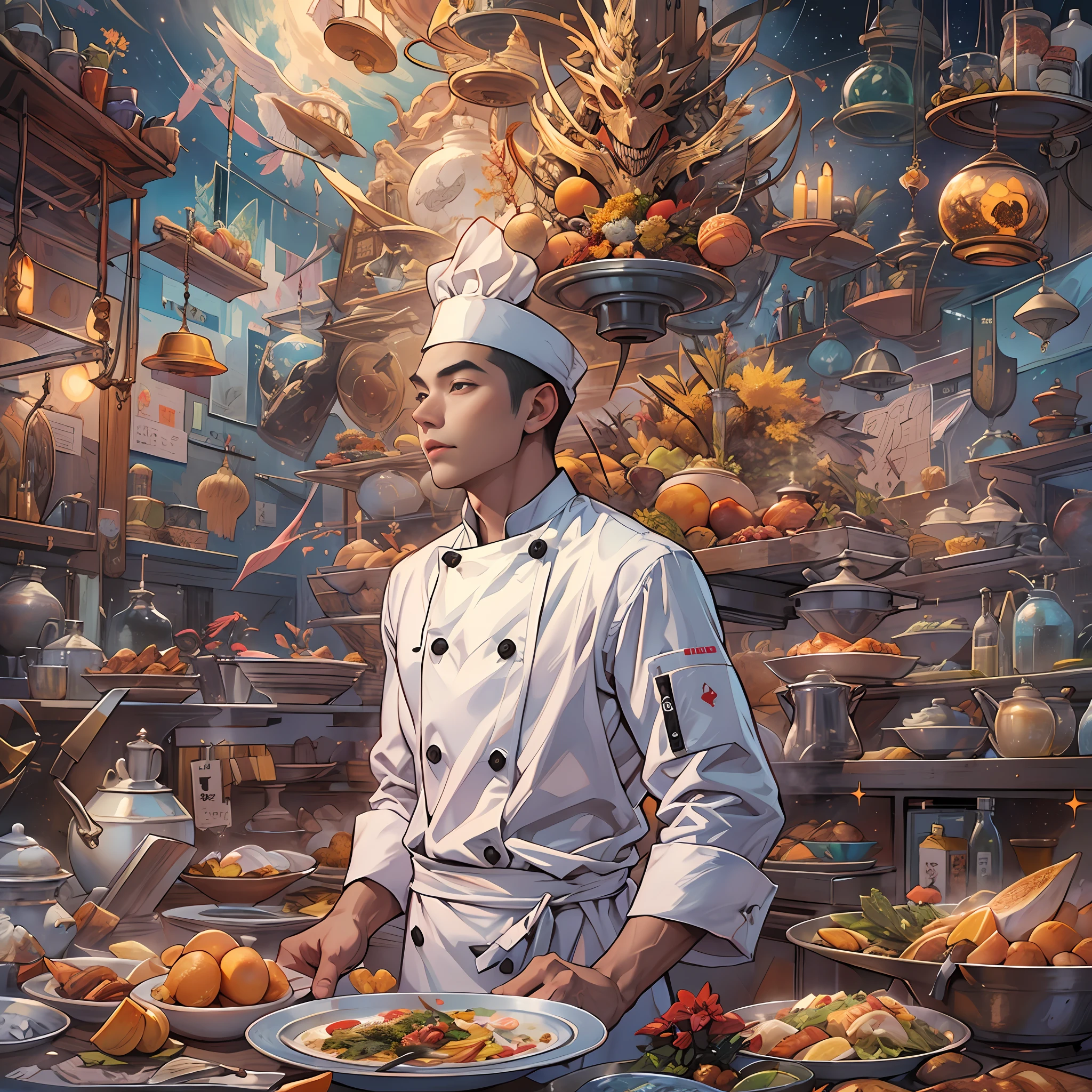 A tall and handsome young chef,Stand on the edge of the dream space, eyes glowing, Surreal scenes filled with symbols and patterns of various skills, ,in the style of the stars art group xing xing, 32K, Best quality, Masterpiece, Super detail, High details,