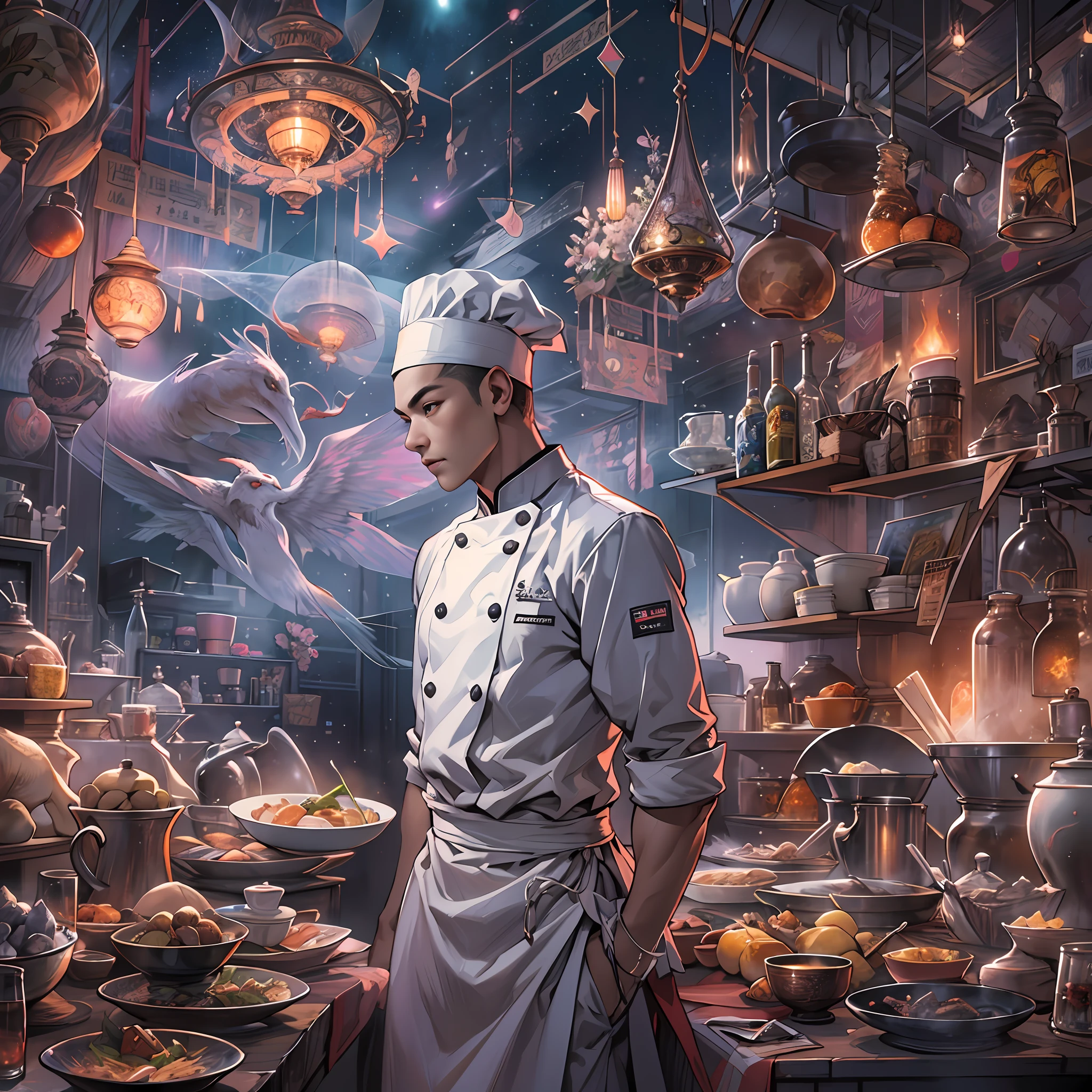 A tall and handsome young chef,Stand on the edge of the dream space, eyes glowing, Surreal scenes filled with symbols and patterns of various skills, ,in the style of the stars art group xing xing, 32K, Best quality, Masterpiece, Super detail, High details,