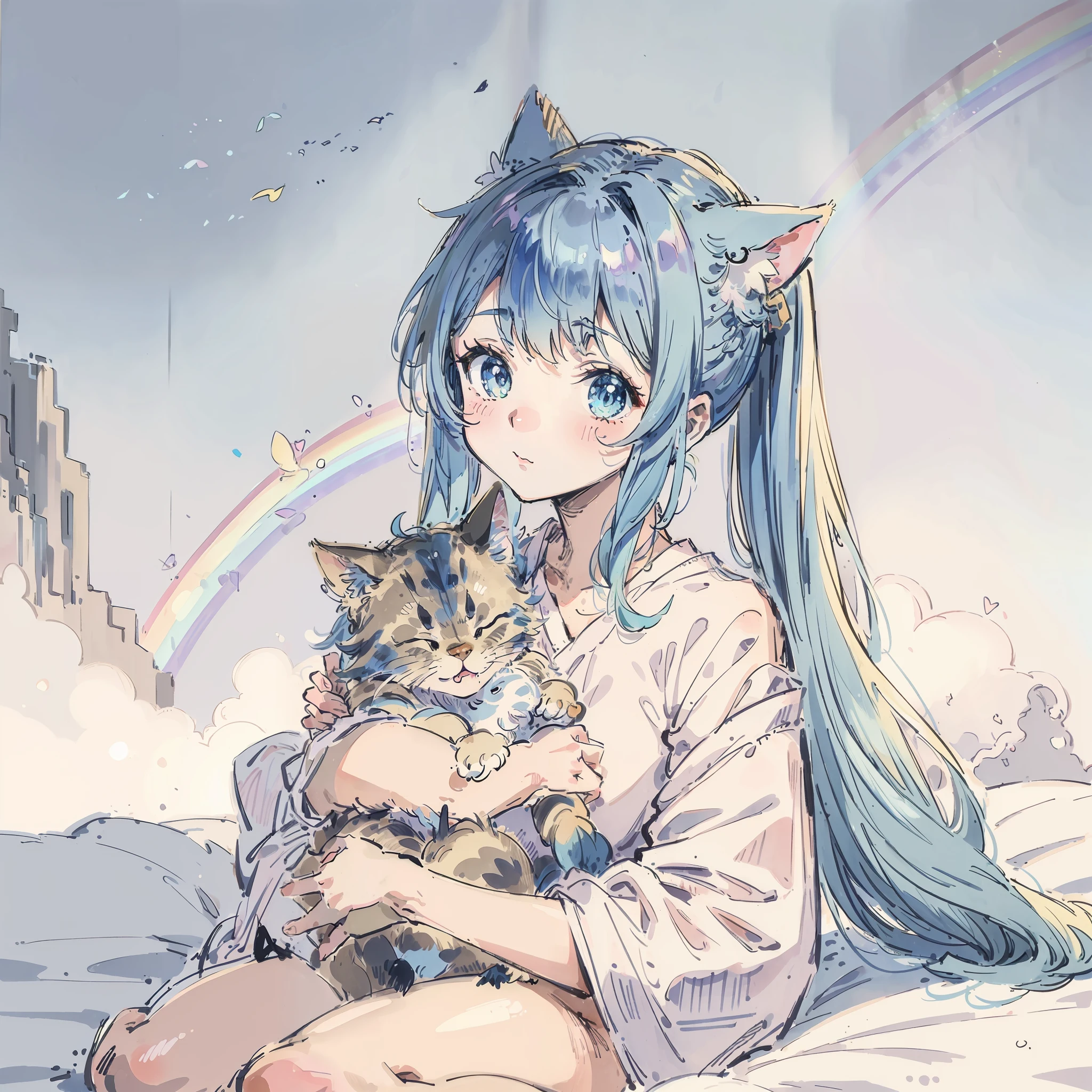 (Best quality1.2、masutepiece)、A stunning、Take a cute cat and cuddle it)、kawaii、Light blue hair(rainbow-colored hair)、(poneyTail)