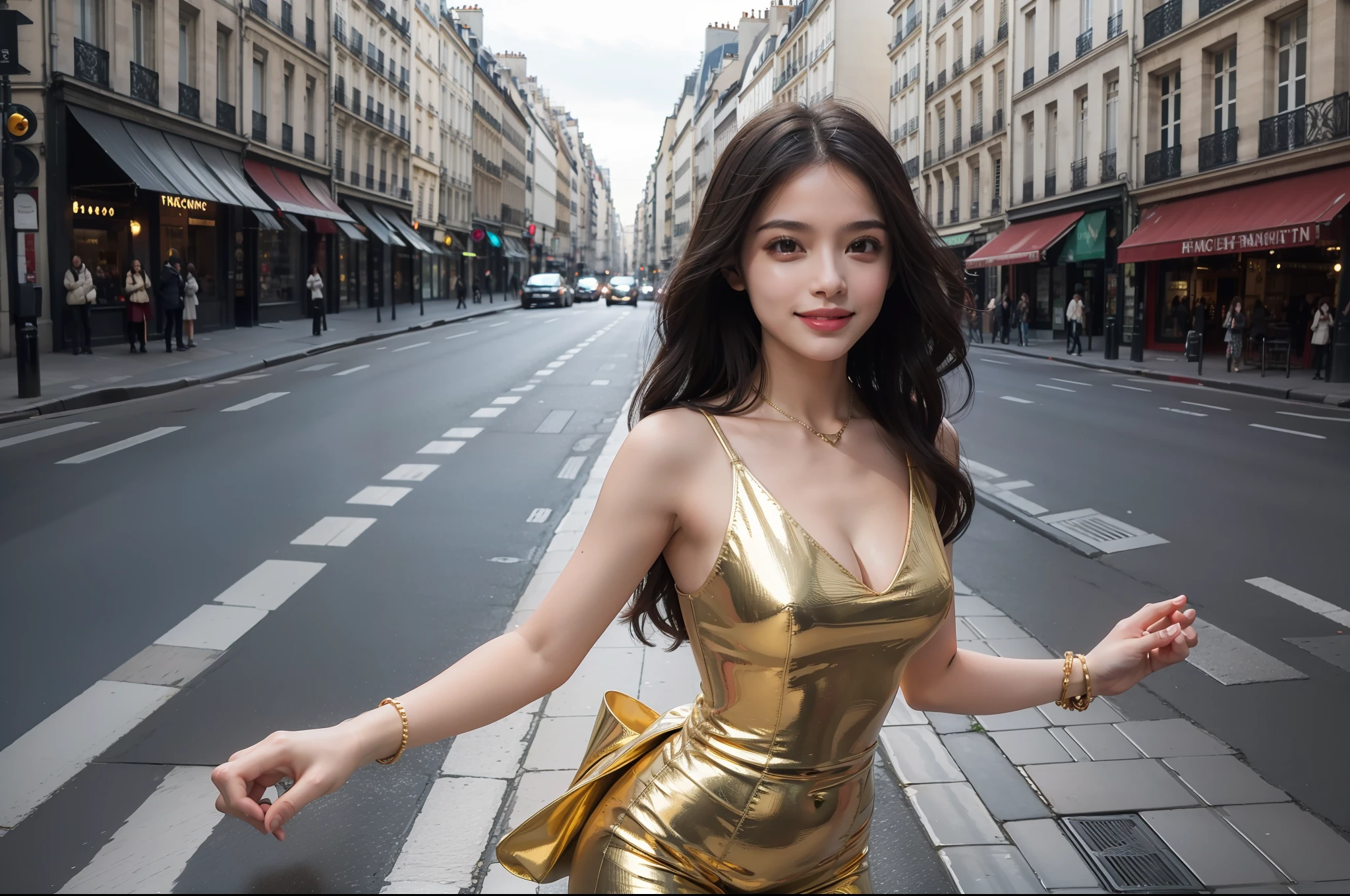 The busiest street in Paris，1 beautiful girl，Graceful posture，smiling expression，4K Ultra HD，4096p，HDR，Ray traching，Cinematic texture，Gold diagonal composition，Masterpiece，f/1.8 apertures，50mm fixed focus