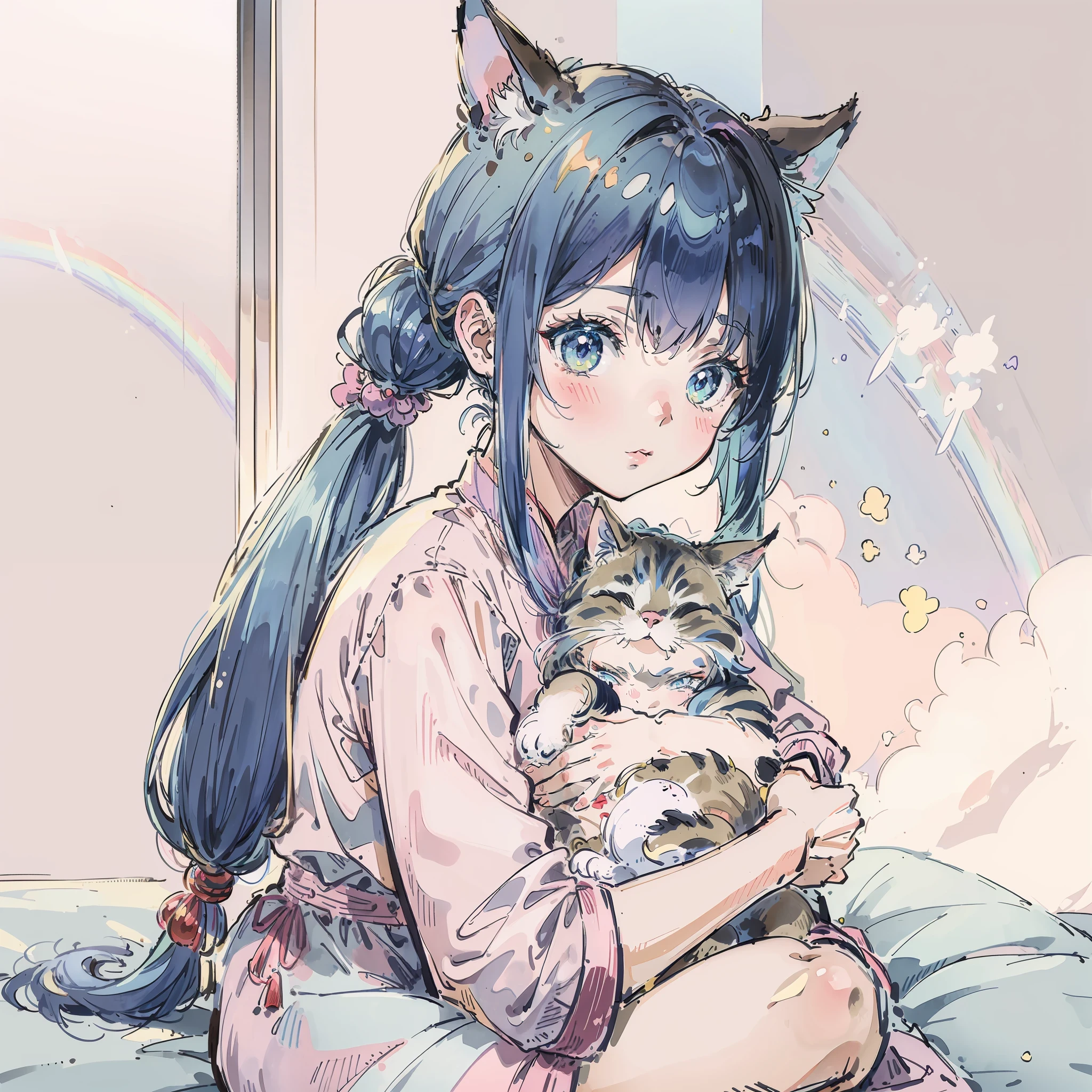 (Best quality1.2、masutepiece)、A stunning、Take a cute cat and cuddle it)、kawaii、Blue hair(rainbow-colored hair)、(poneyTail)