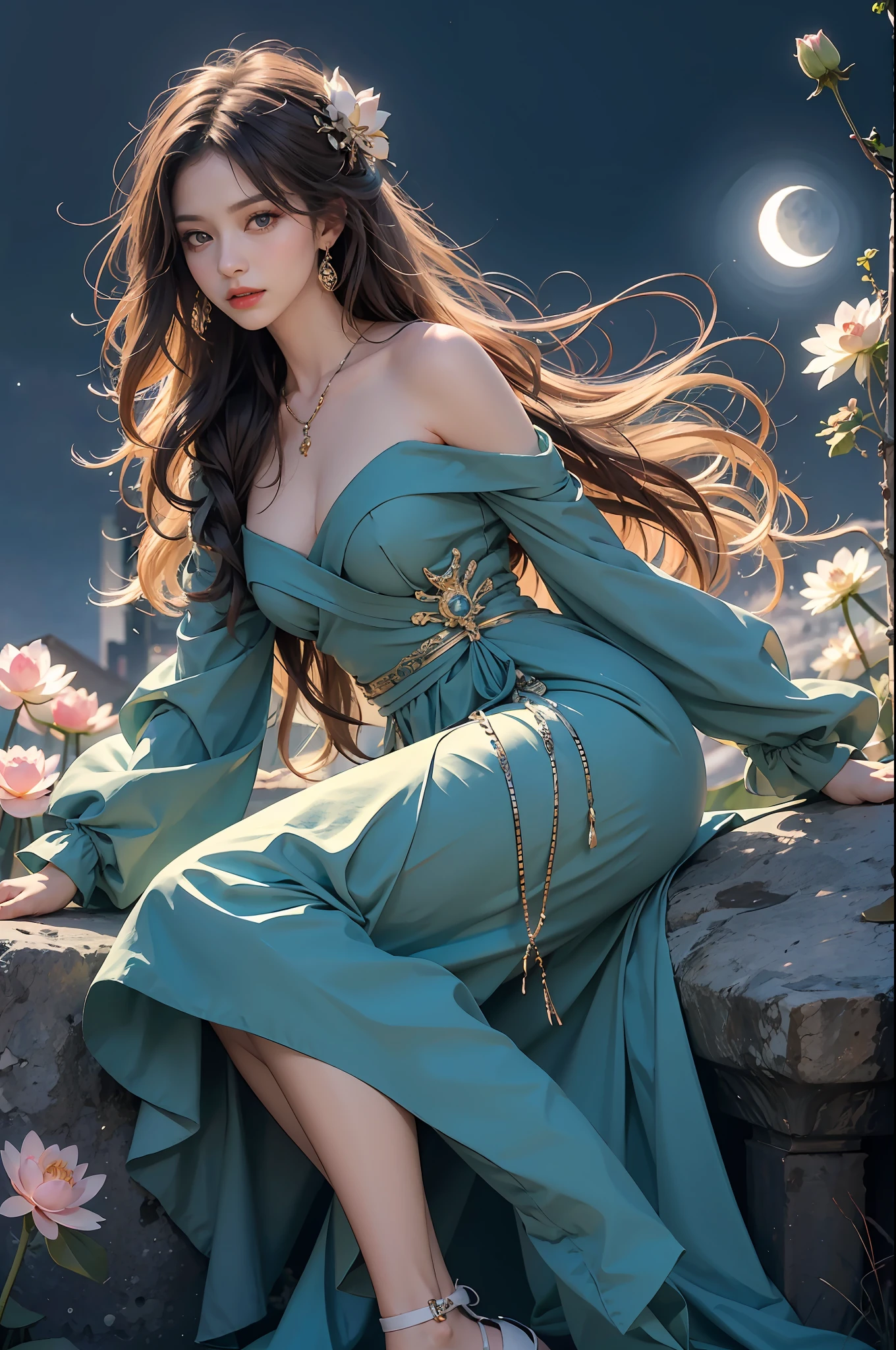 A girl in a long blue dress,Solid white, Moon, Lotus in bloom,long whitr hair,beauitful face,Elaborate Eyes,looking toward the viewer,Full body photo,7 points,tmasterpiece,HighestQuali,Works of masters,Impeccably clean,Super beautiful girl,Perfect lighting,