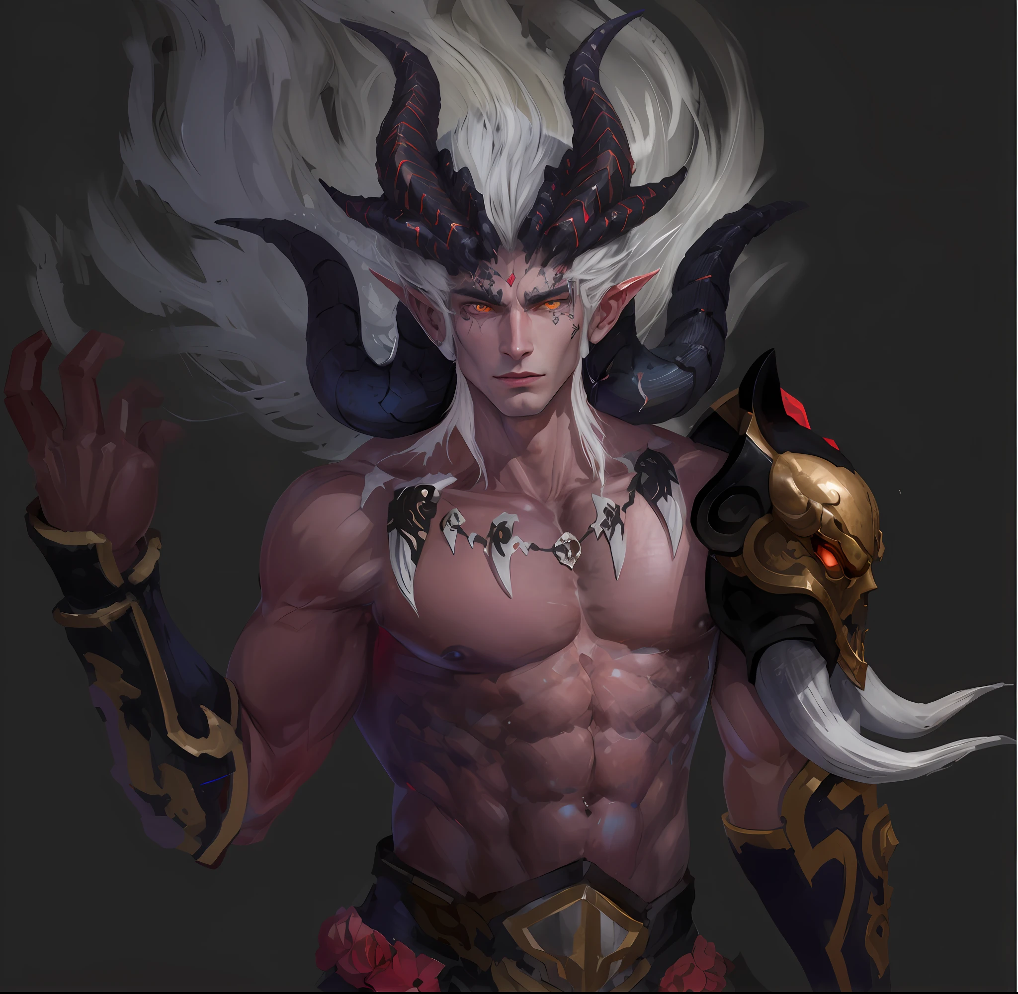 A close-up of a male character with horned head and horns, Suitable for white-haired banshees,Corner of magma material，Heavy beast head and shoulder blades，Magma-eyed animal head and shoulder blades，Bracers， human male demon, djinn man male demon, demon male, male djinn man demon hybrid, demon soul concept art, portrait demon half human, man male demon, demon noble character design, Demon Lord, the former demon king，China-style，White-haired god, painted in the style arcane, Male characters，Delicate belt，China-style，Chinese-style clothing，Refinement，Fine painting，Refinement，infinite details，high definition detail，Patterned，Animal tattoos，Blank background，Bright colors，Metal edging