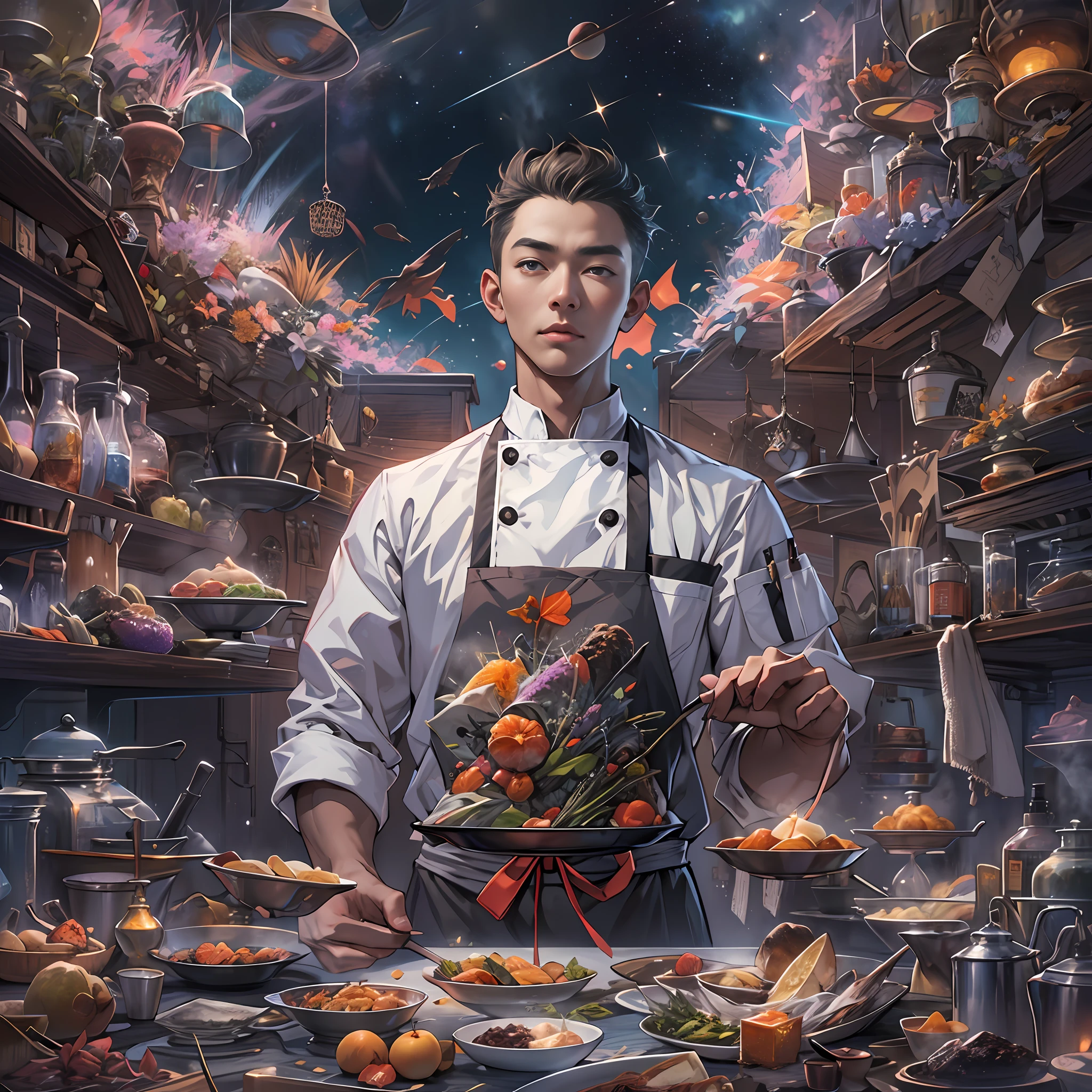 A tall and handsome young chef,Stand on the edge of the dream space, eyes glowing, Surreal scenes filled with symbols and patterns of various skills, ,in the style of the stars art group xing xing, 32K, Best quality, Masterpiece, Super detail, High details,