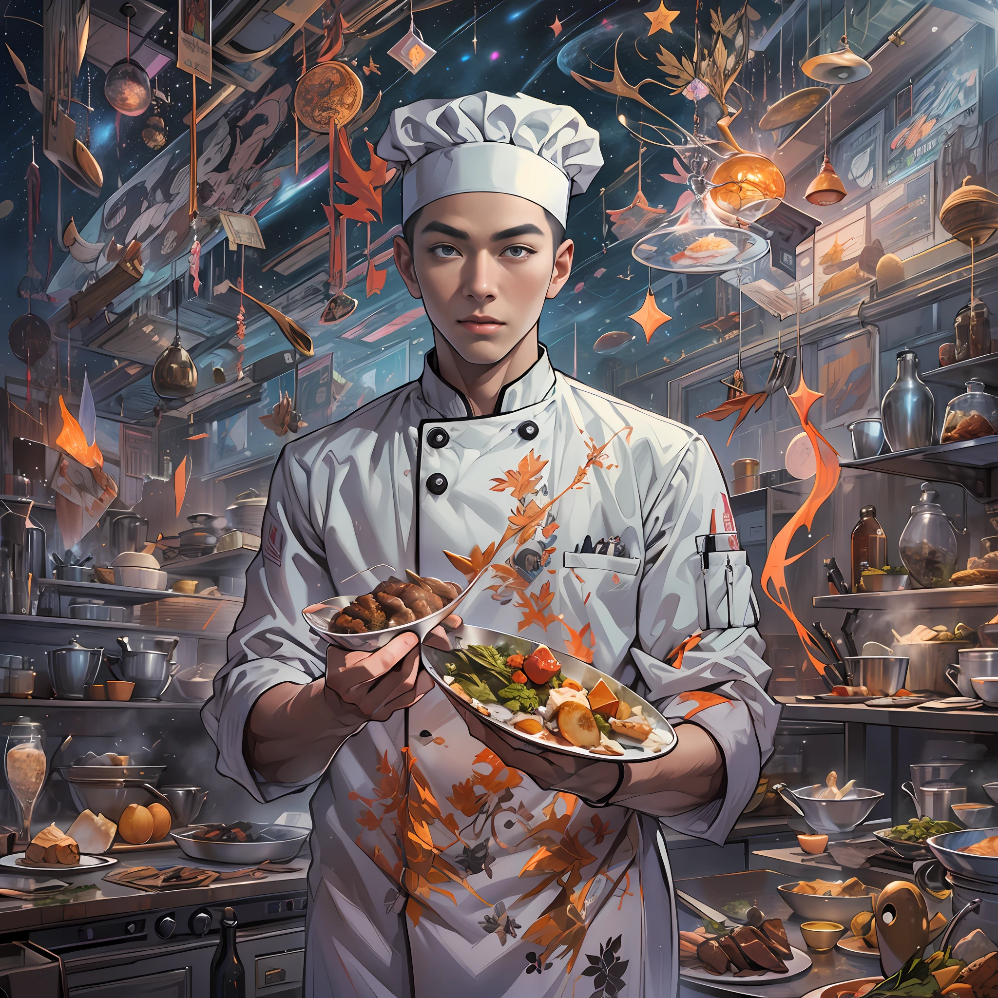 A tall and handsome young chef,Stand on the edge of the dream space, eyes glowing, Surreal scenes filled with symbols and patterns of various skills, ,in the style of the stars art group xing xing, 32K, Best quality, Masterpiece, Super detail, High details,