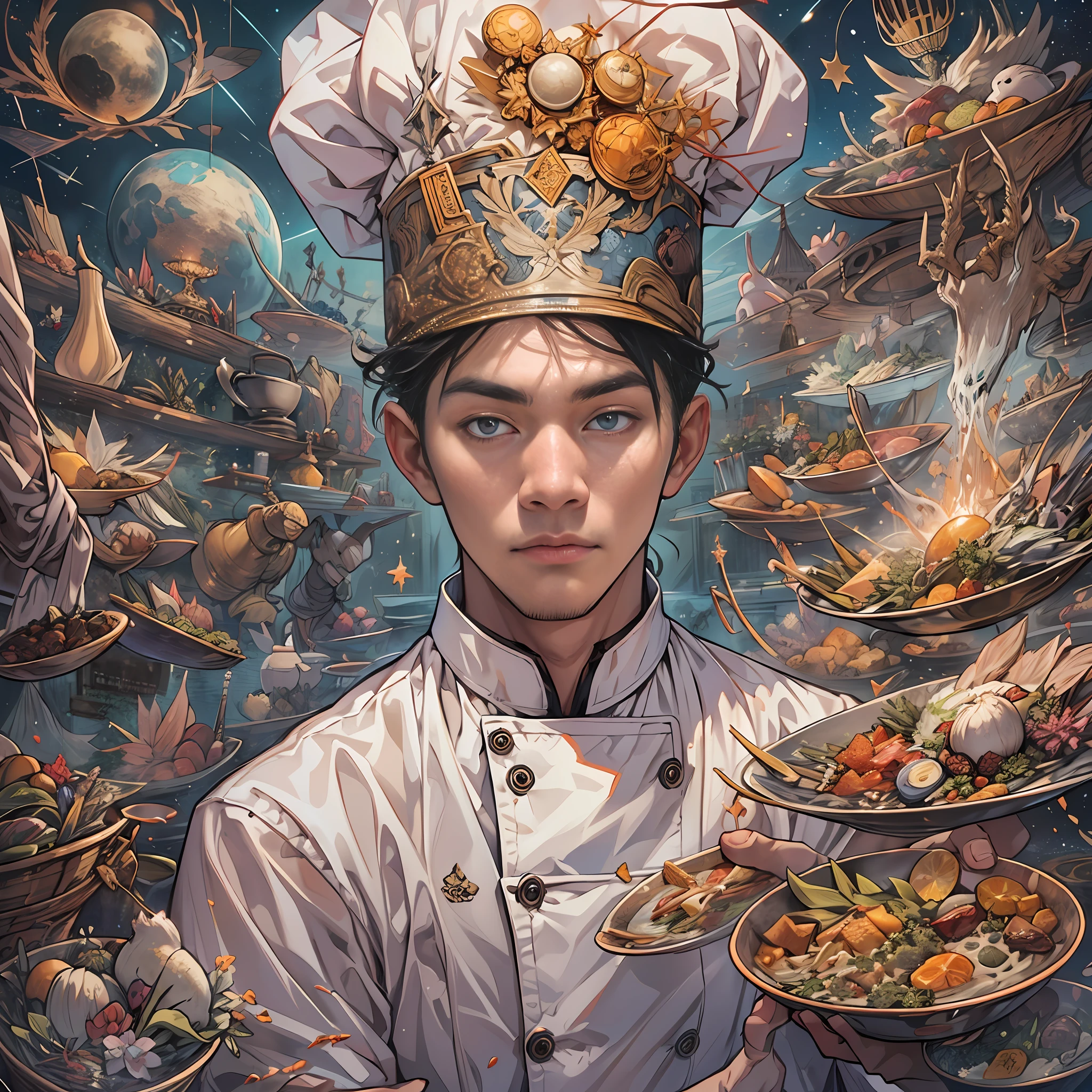 A tall and handsome young chef，Stand on the edge of the dream space, eyes glowing, Surreal scenes filled with symbols and patterns of various skills, ,in the style of the stars art group xing xing, 32K, Best quality, Masterpiece, Super detail, High details,