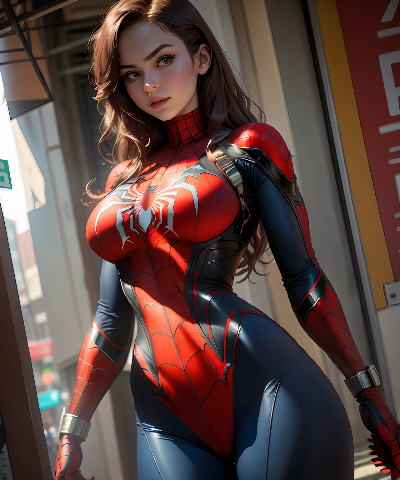 Raw foto,Beautiful woman ,detailed the outlined body with Spider-Man cosplay, very large breasts,tits big