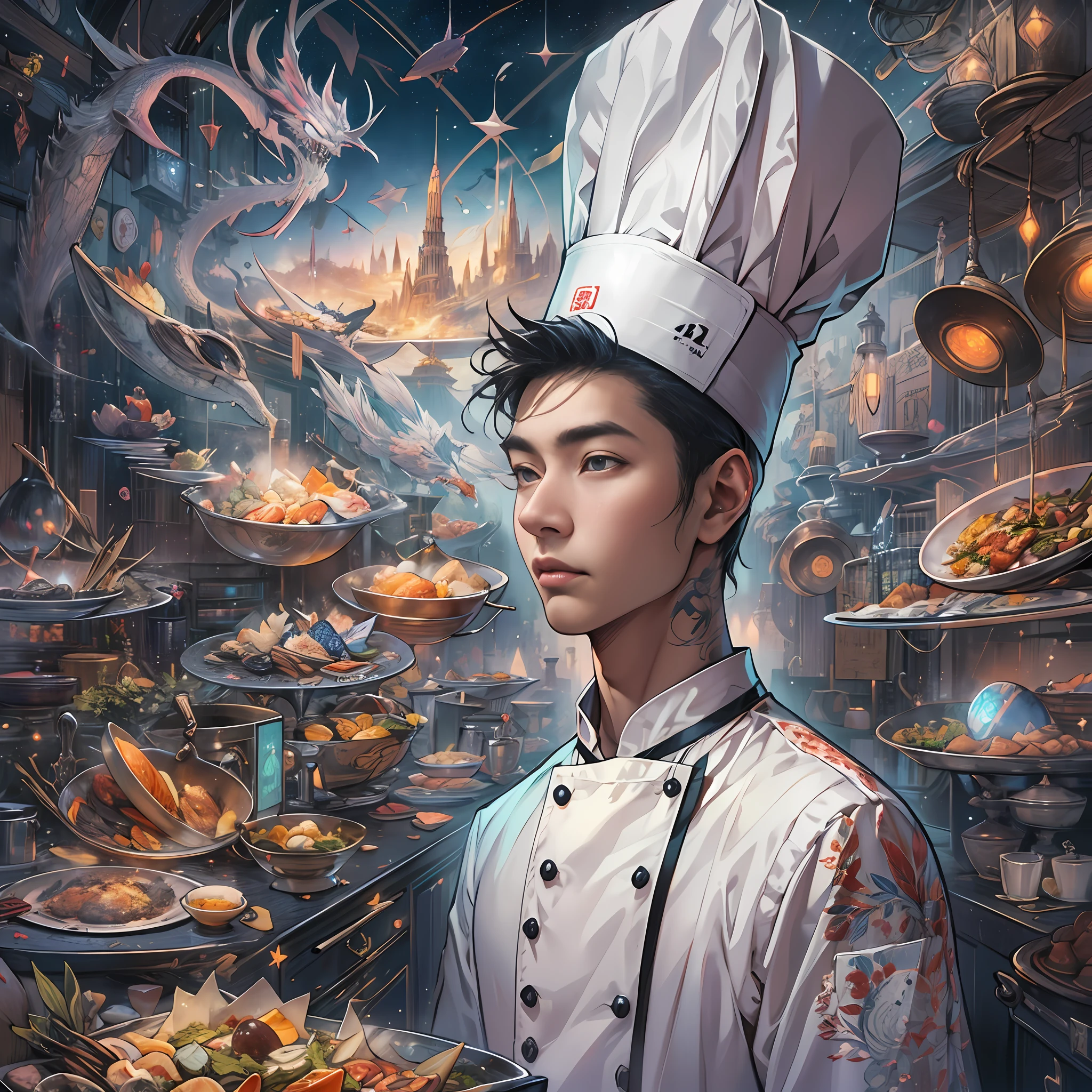 A tall and handsome young chef,Stand on the edge of the dream space, eyes glowing, Surreal scenes filled with symbols and patterns of various skills, ,in the style of the stars art group xing xing, 32K, Best quality, Masterpiece, Super detail, High details,