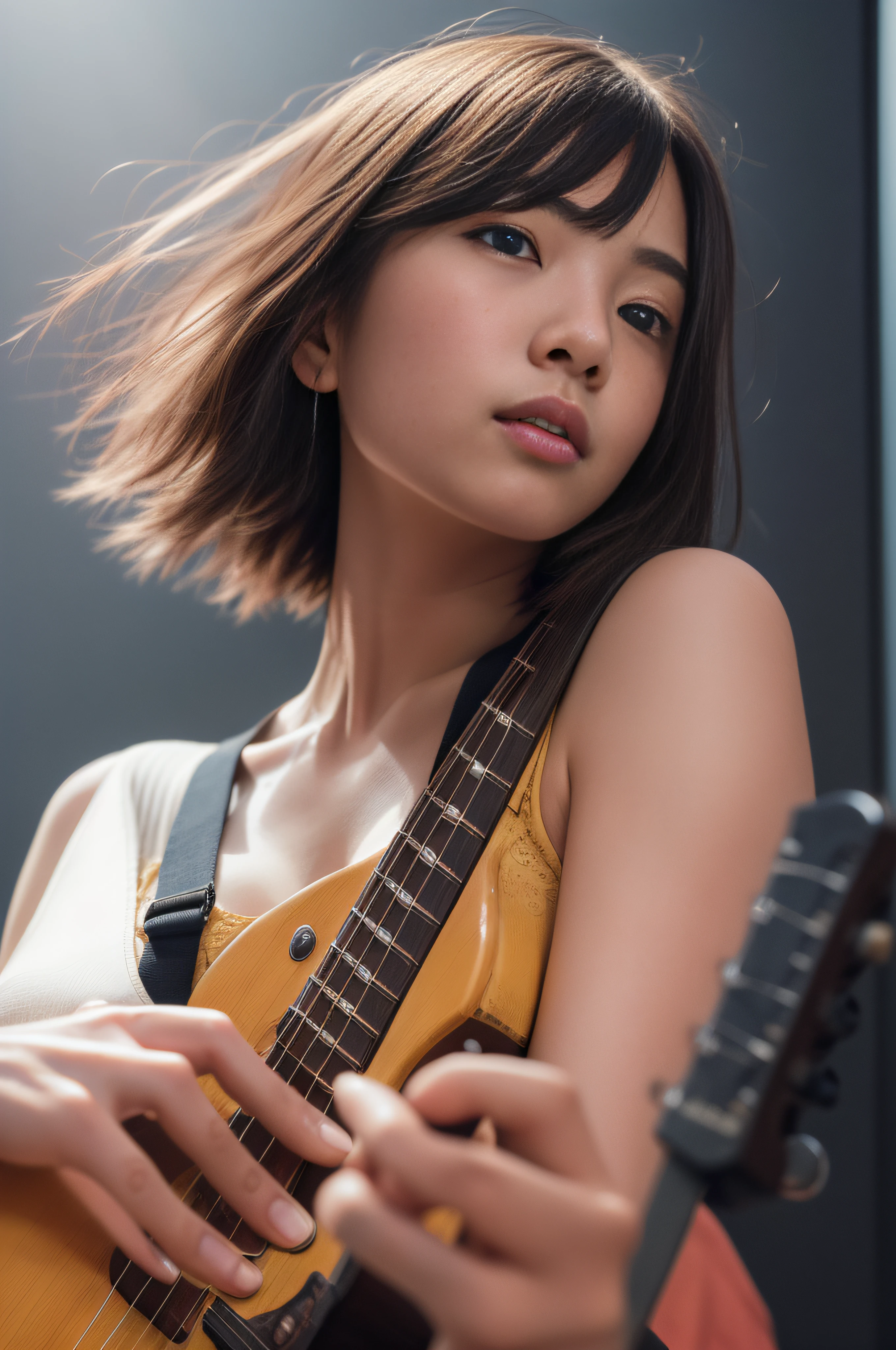top-quality、masterpiece、超A high resolution、(Photorealsitic:1.4)、Raw photo、1girl in, bob cuts, Big beautiful eyes, electric guitars, solofocus, (depth of fields, Ambient lighting, Blurred foreground, blurry backround:1.3), Atmosphere, Light flare, intricate detailes, enhanced lighting、Two arms